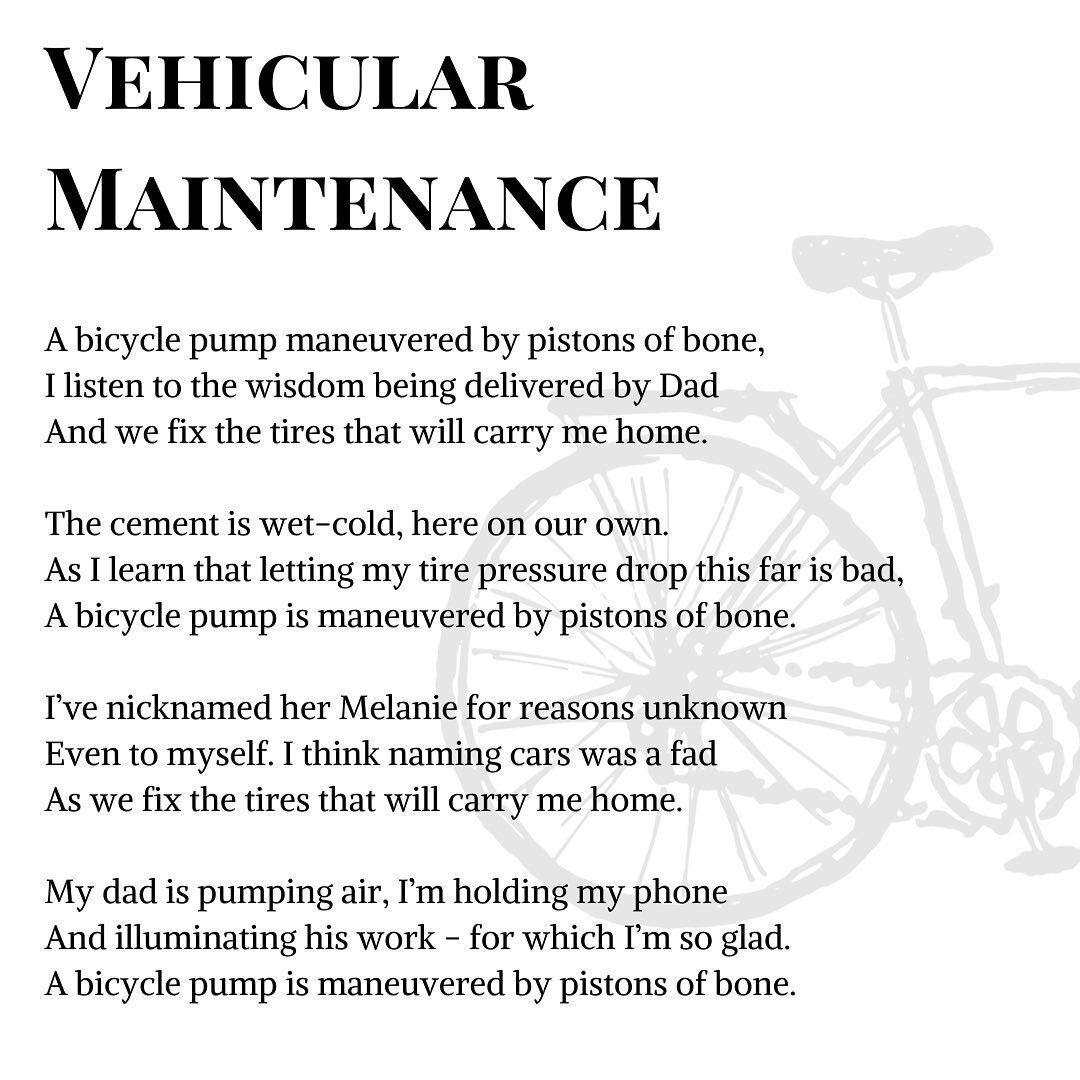 This piece, &ldquo;Vehicular Maintenance&rdquo; by Haley Morman, is from Volume 11!

Remember that submissions are OPEN! Share your work with us and potentially have it published in Volume 12! Also, keep an eye out for events coming up super soon, yo