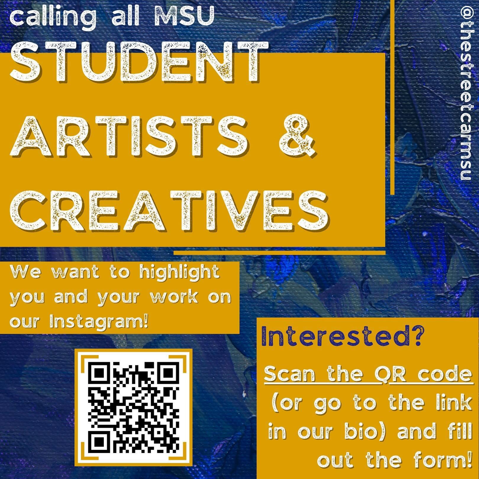 Happy March, everyone! We wanted to provide an opportunity for any and all student artists here at MSU to share themselves and their work, so for the remainder of the spring semester, we will be making and posting student artist/creative highlights v