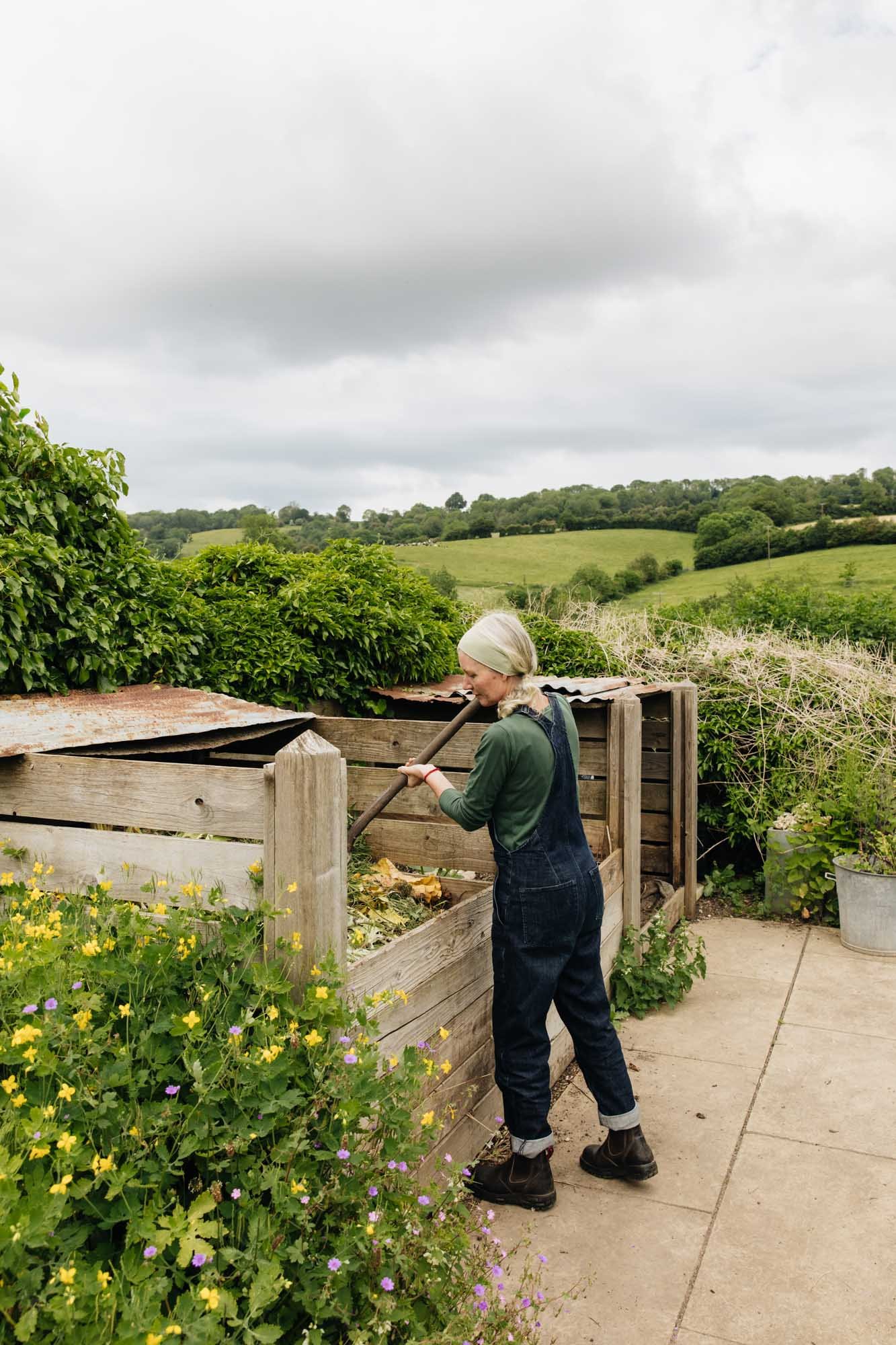 Alison Jenkins at her compost area at Damson Farm