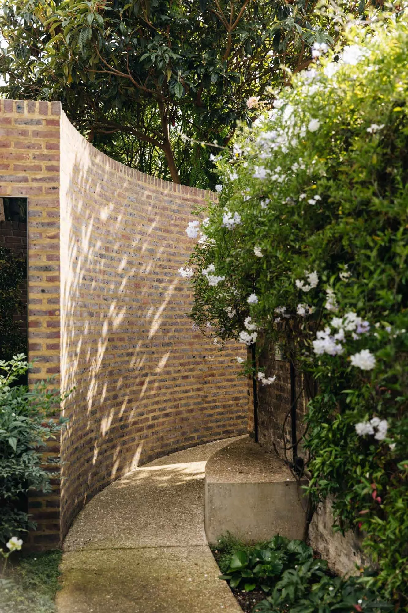 A curved brick wall casting shadows on a concrete pathway surrounded by green foliage and white flowering plants. Non Morris garden design
