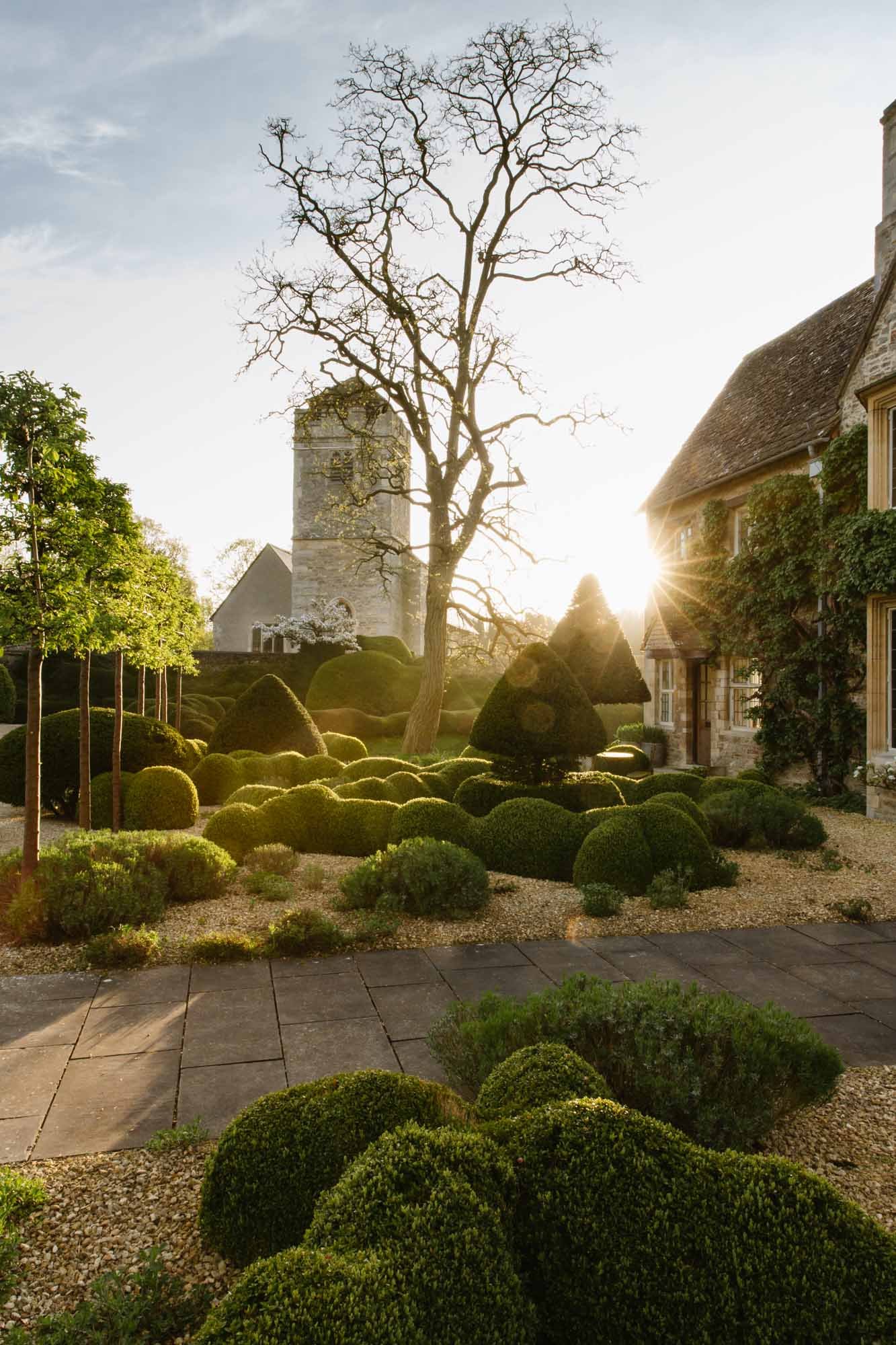 A scenic view of a well-maintained garden with trimmed bushes, a leafless tree, and historic stone buildings with sunflare at sunset. Oxfordshire garden designed by Arne Maynard