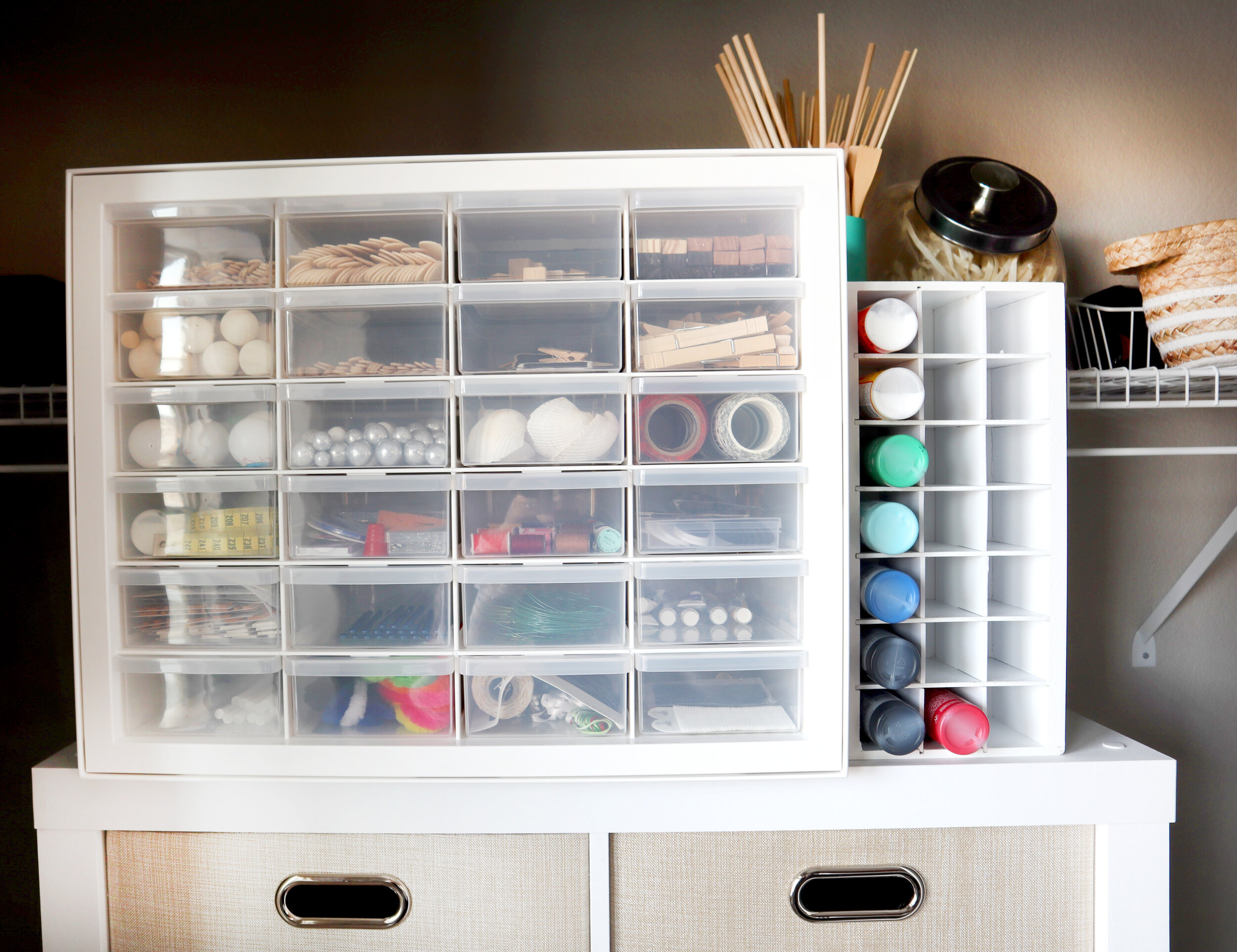 How to organize craft supplies in cabinets + drawers