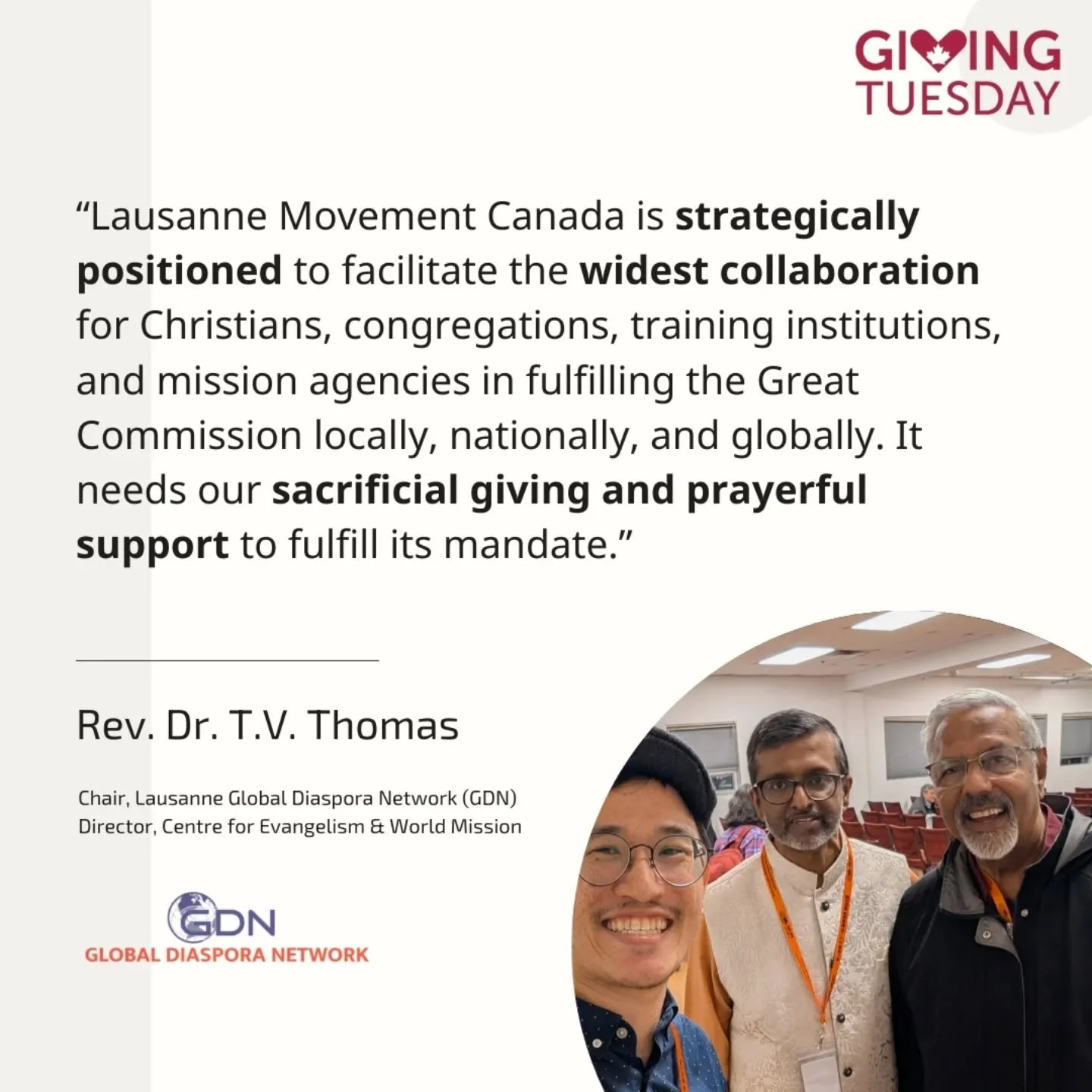 Canada&rsquo;s leaders are strengthening gospel collaboration locally and globally.

Double your impact up to the first $10,000: lausannecanada.com/give

#GivingTuesday #LausanneMovement #GlobalDiaspora #CanadianDiaspora