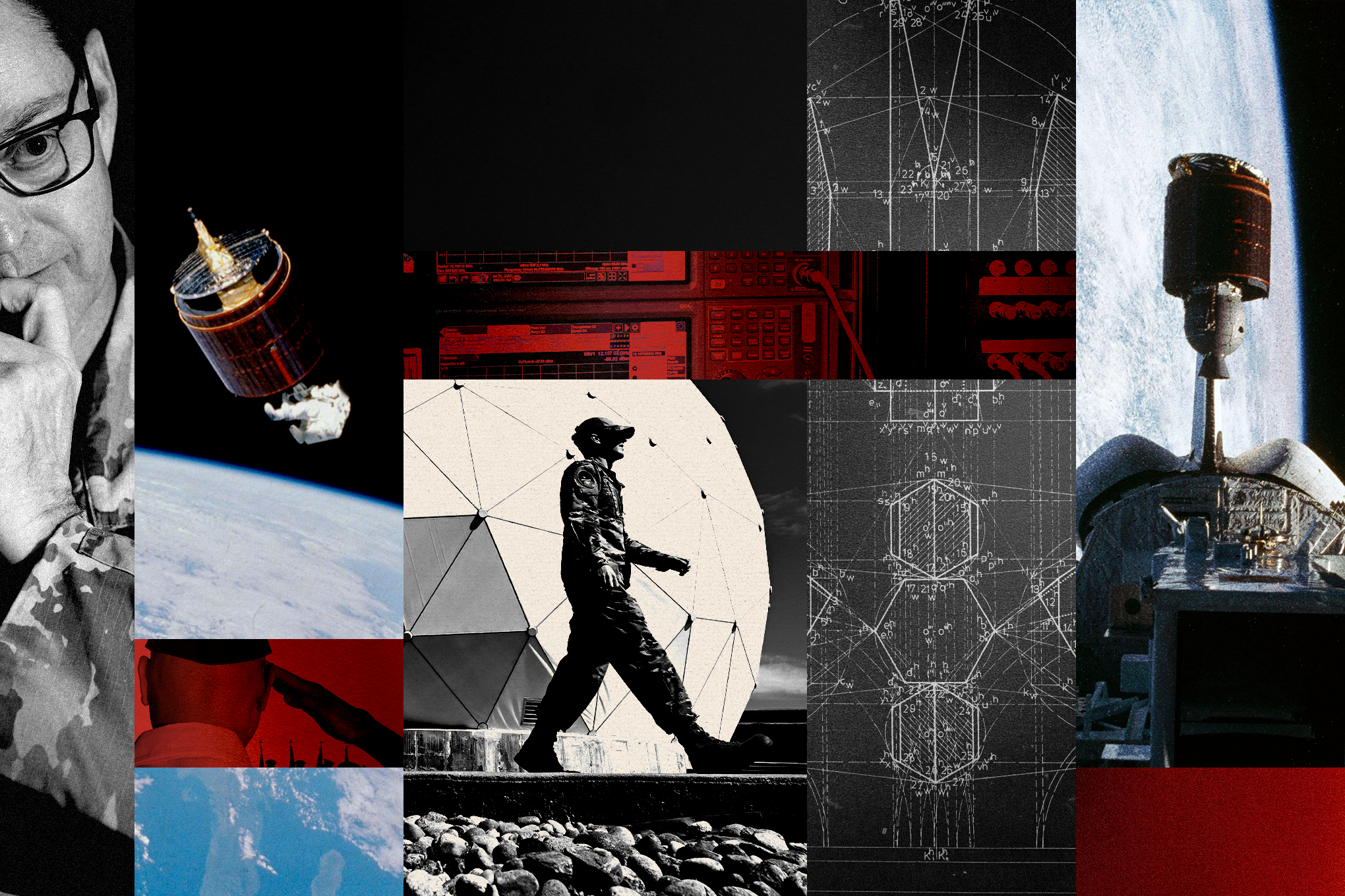A photo collage illustration with images from NASA and The Space Force