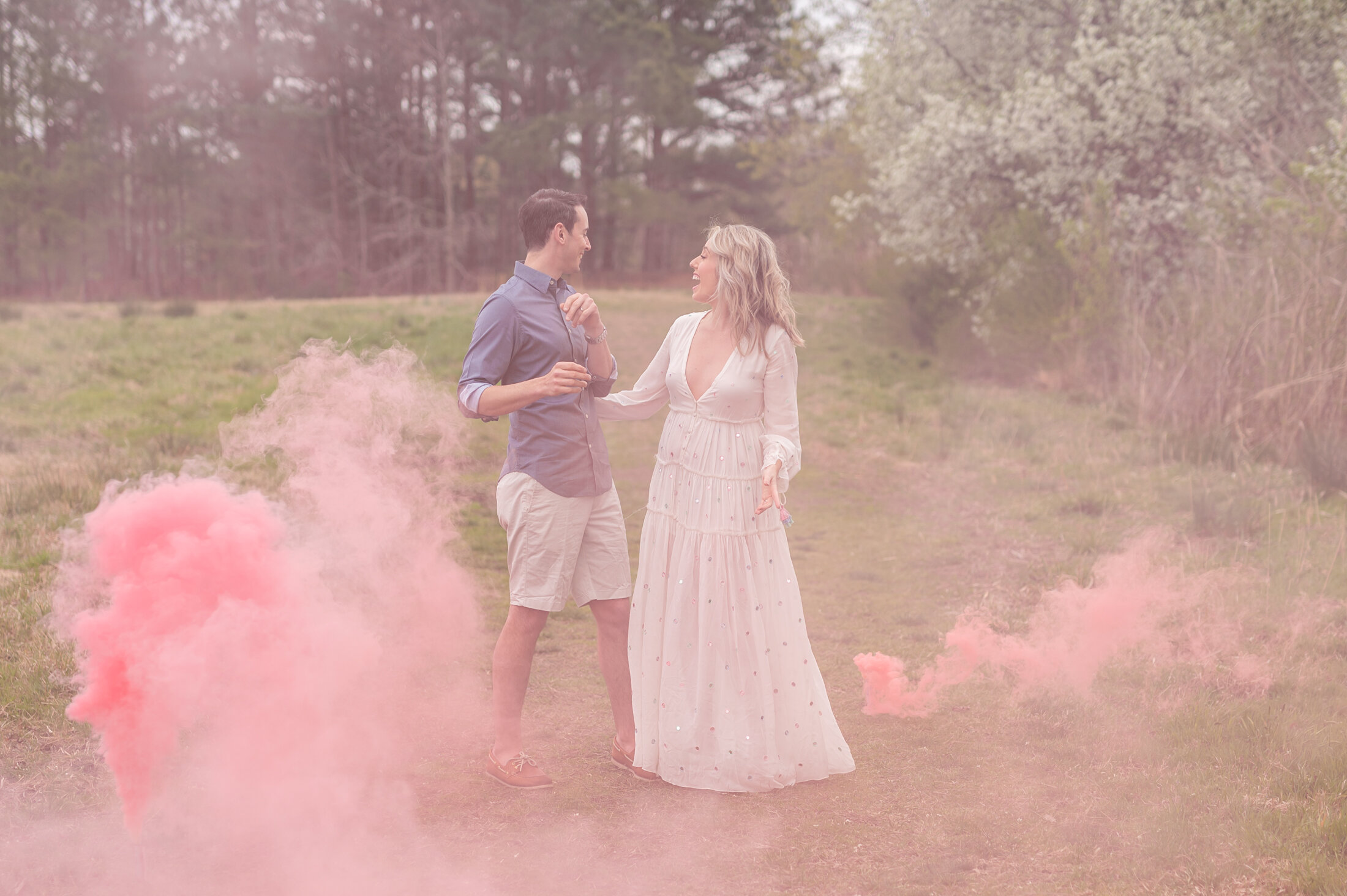 Gender Reveal Girl Baby Pregnancy Photo in Park With Pink Smoke Bomb,  Nature Photography Digital Backdrop Announcement, Maternity or Baby 