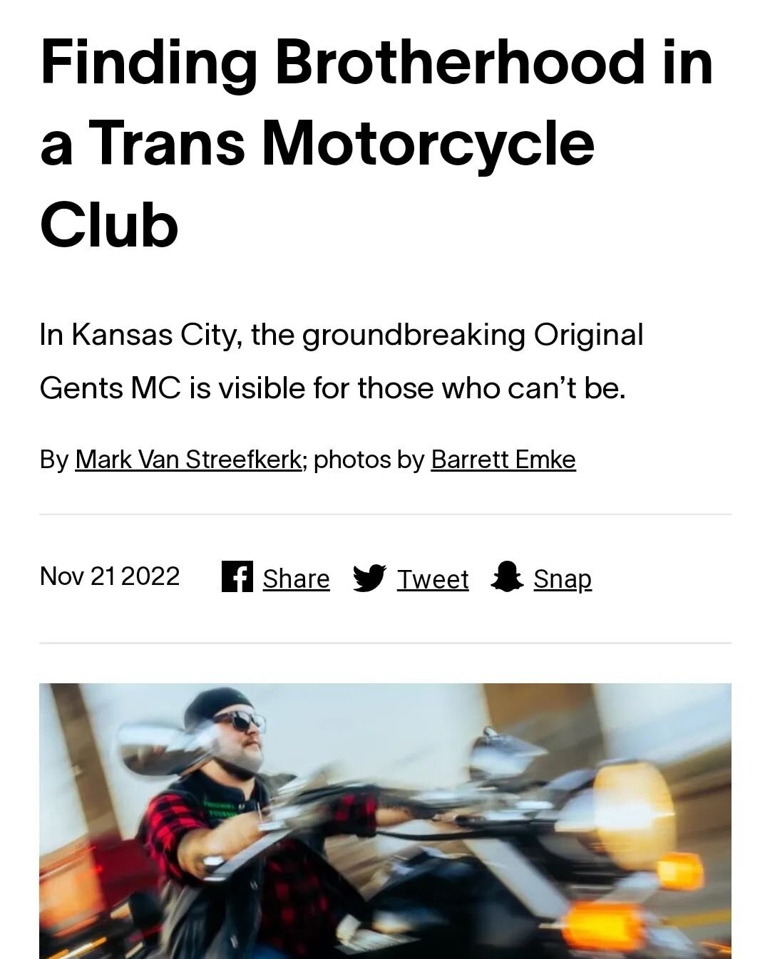 Such an honor to report on @originalgentsmc, the first motorcycle club in the world by trans men and transmasc people, for @vice 

I got to chat with the club about bikes, what it means to be visible in Kansas City, and their annual TDOR ride. 

&quo