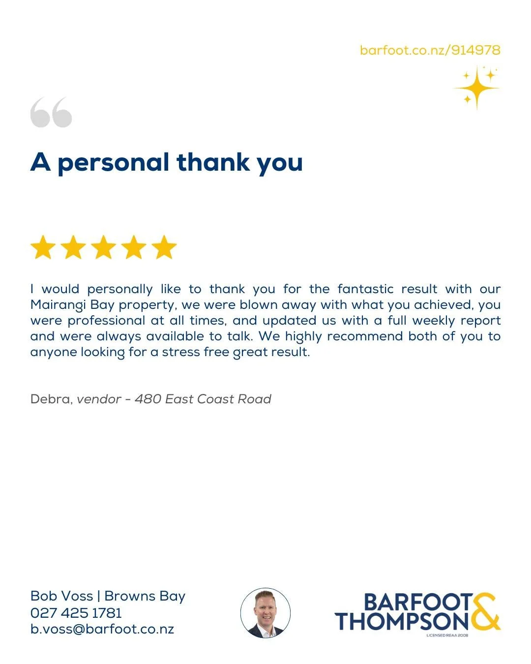 ⭐⭐⭐⭐⭐
Helping our clients achieve a great result while keeping the process clear, calm, and as stress free as possible is always the goal &mdash; so receiving a message like this truly means a lot.

Bob Voss at Barfoot &amp; Thompson Browns Bay
02742