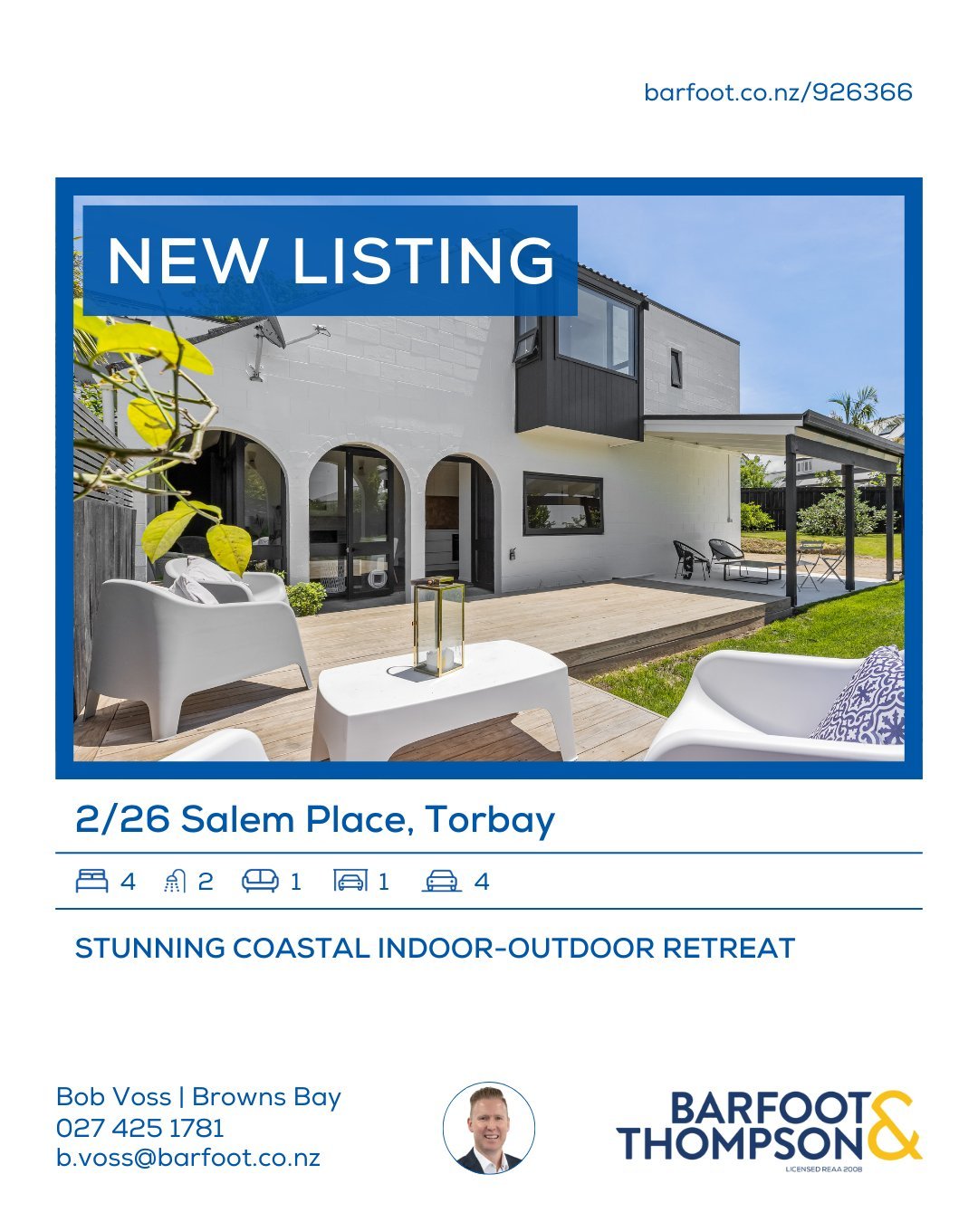 🆕✨
www.barfoot.co.nz/926366
STUNNING COASTAL INDOOR-OUTDOOR RETREAT

Beautifully presented home in the heart of Torbay seamlessly blending stylish modern living with relaxed beachside charm, creating the perfect sanctuary for families, professionals
