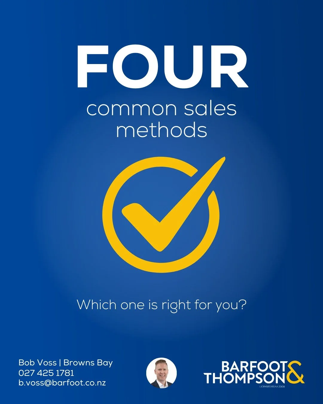 🔵4️⃣ 
Four Common Methods. 
Which one is right for you?

Selling your home? In New Zealand, the four most common methods are:

🔨 Auction
🤝 By Negotiation
💲 Fixed Price
⏳ Deadline Sale

Each approach has its pros and cons &mdash; and the right one