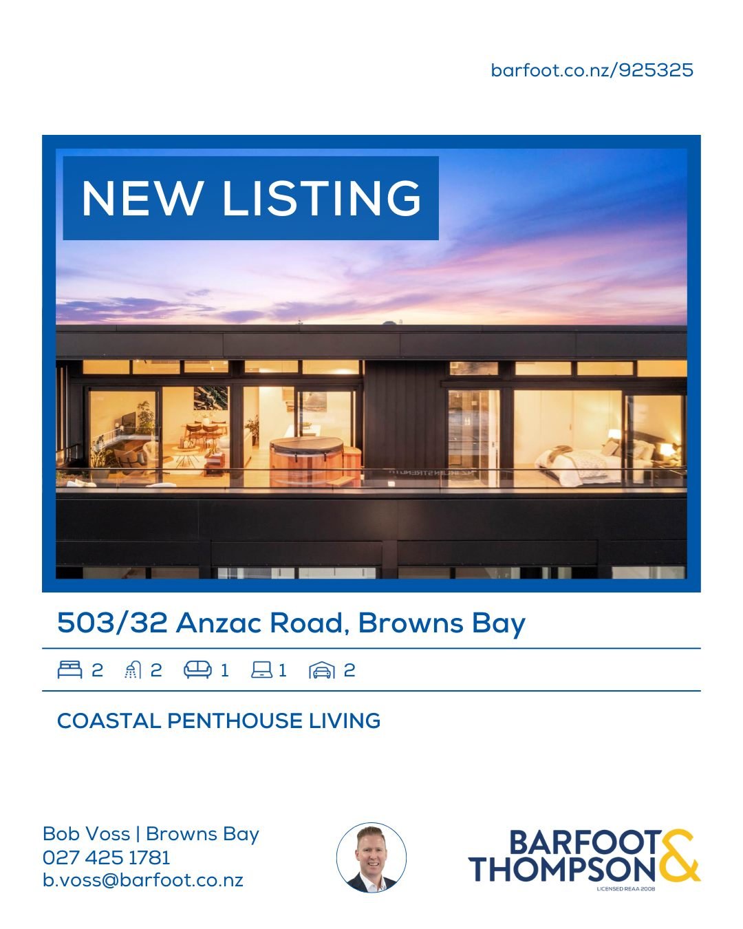 🆕✨
www.barfoot.co.nz/925325
COASTAL PENTHOUSE LIVING

Calling all professionals, downsizers, and lock up and leavers!

Discover contemporary coastal living at its best with this architecturally designed residence nestled in the heart of Browns Bay. 