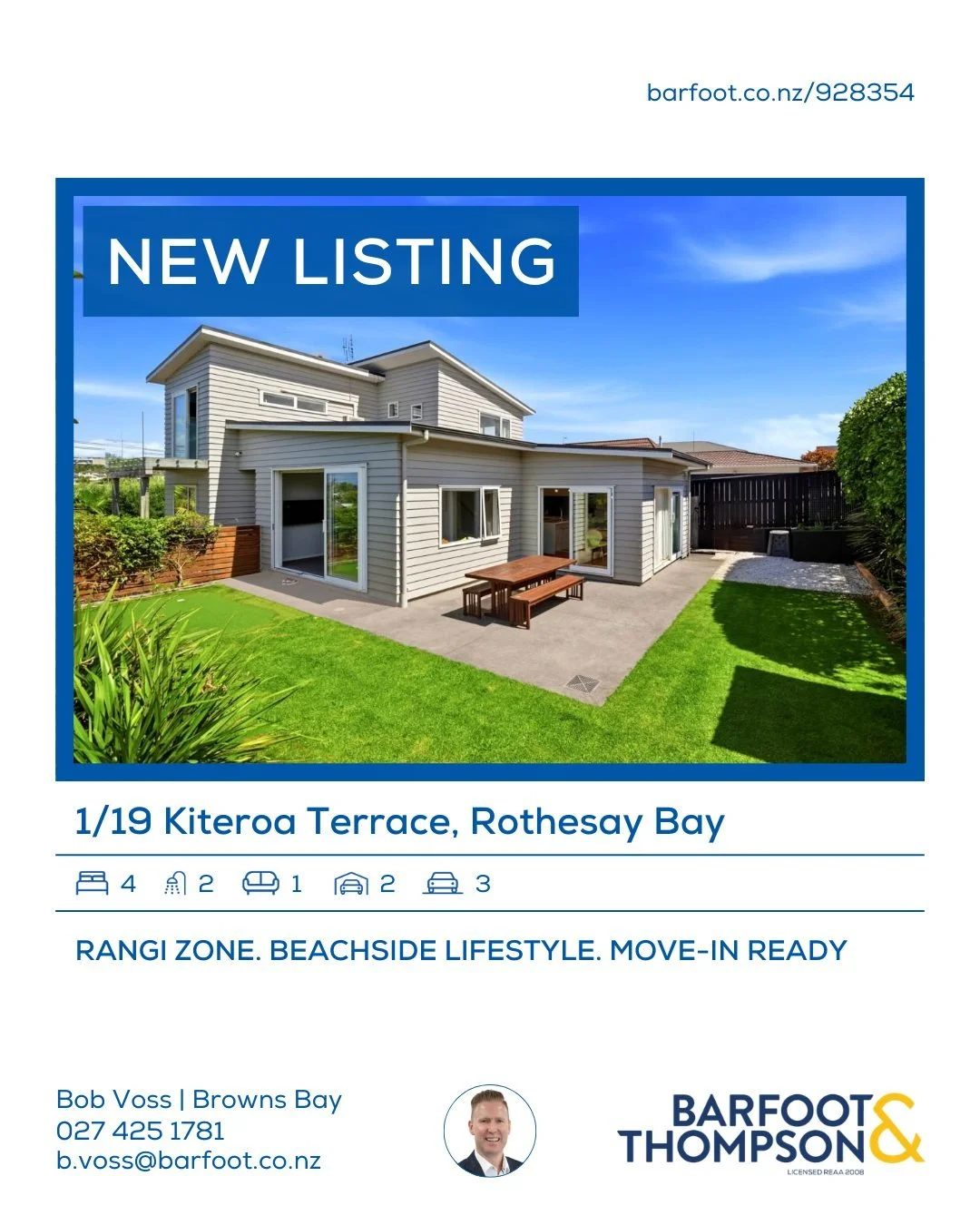 🆕✨
www.barfoot.co.nz/928354
RANGI ZONE, BEACHSIDE LIFESTYLE, MOVE-IN READY

Set in an elevated Rothesay Bay position with a relaxed coastal feel, this beautifully presented home delivers the ideal blend of space, style and low-maintenance living. Li
