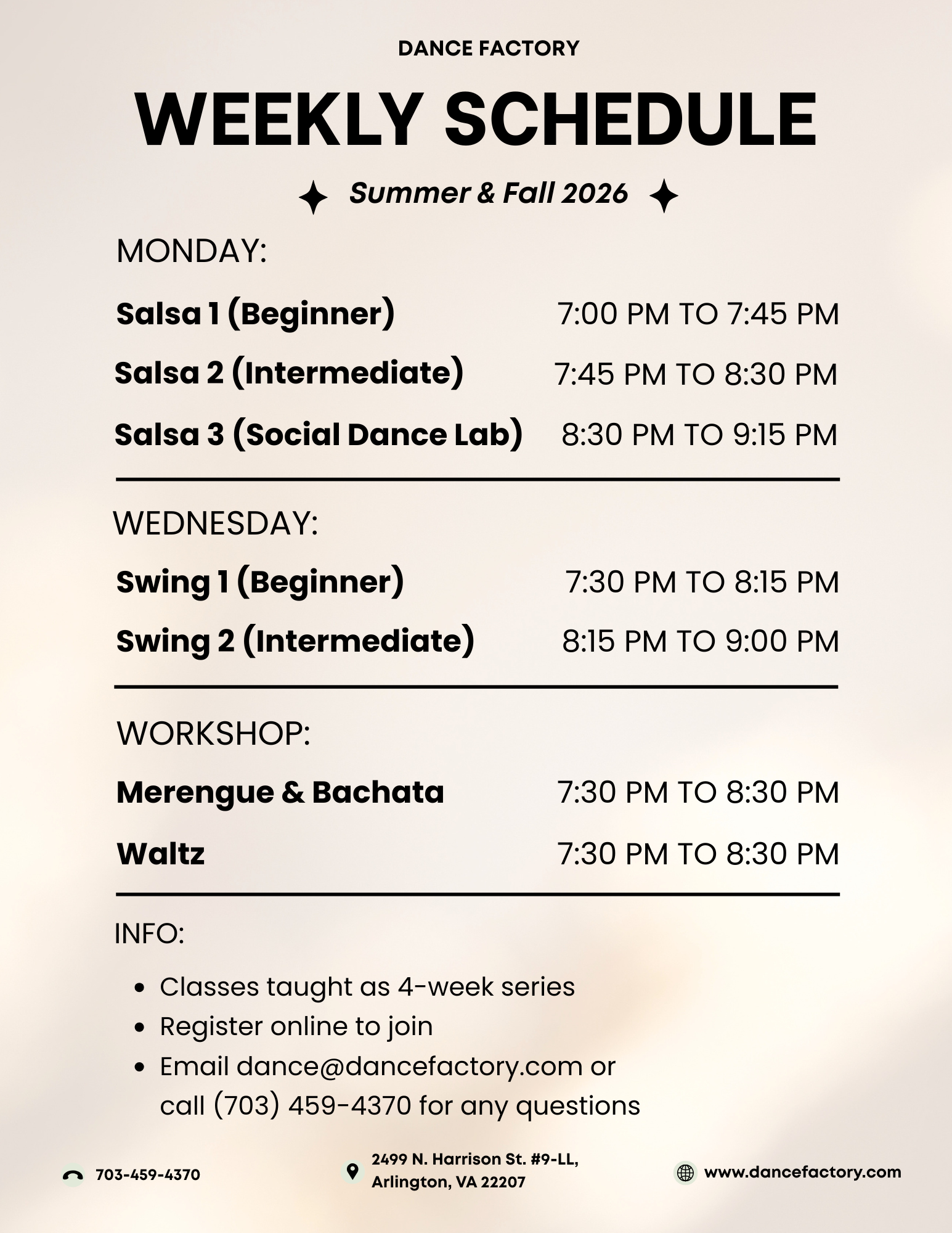 Dance Factory's weekly schedule, listing adult beginner dance classes, and information about registration, contact details, and location serving Arlington VA, Washington DC, Alexandria, McLean and Falls Church.