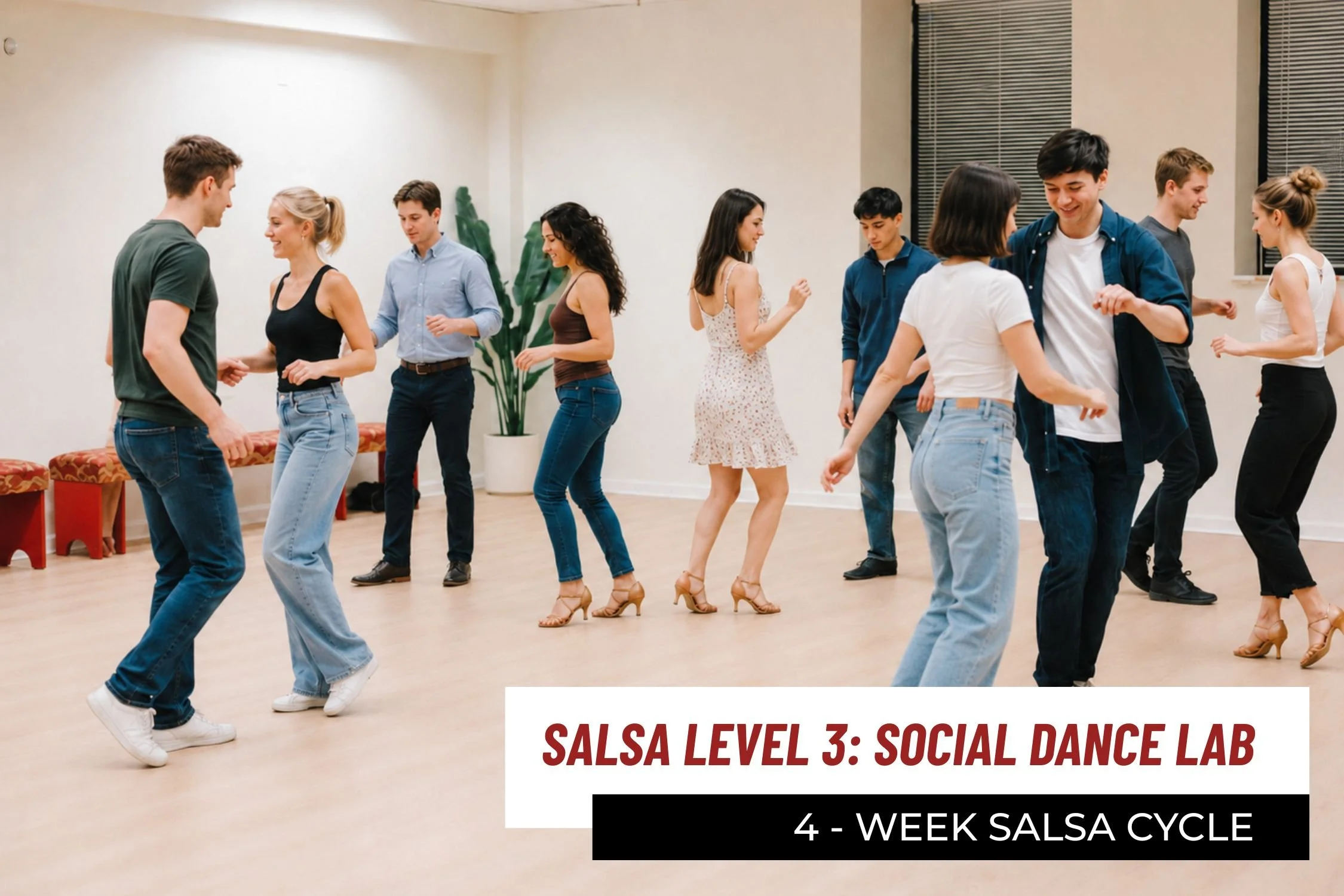 Students dancing in Salsa Level 3 social dance class, part of a 4-week salsa cycle, for intermediate and advanced salsa students.

Students dancing in Salsa social dance class, part of a 4-week salsa cycle, for adult beginner, intermediate students.