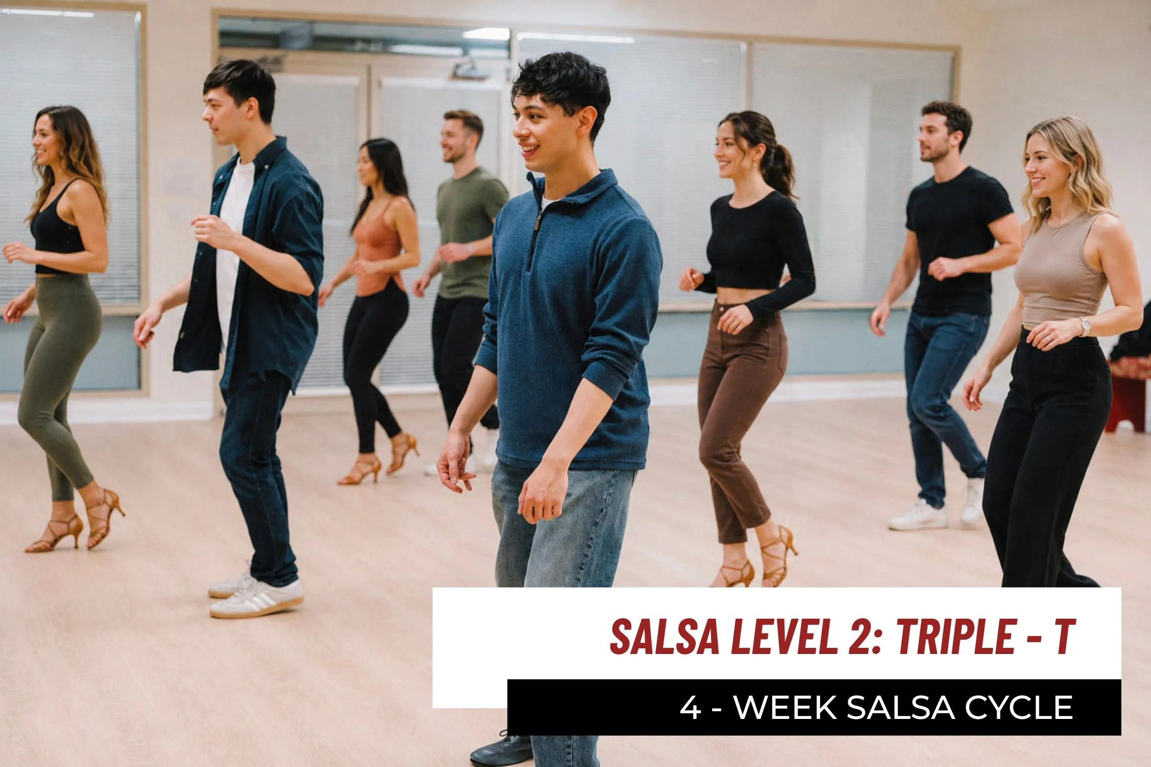 Students dancing in Salsa beginner adult social dance class, part of a 4-week salsa cycle, for beginner adult dance classes serving Arlington VA and Washington DC.