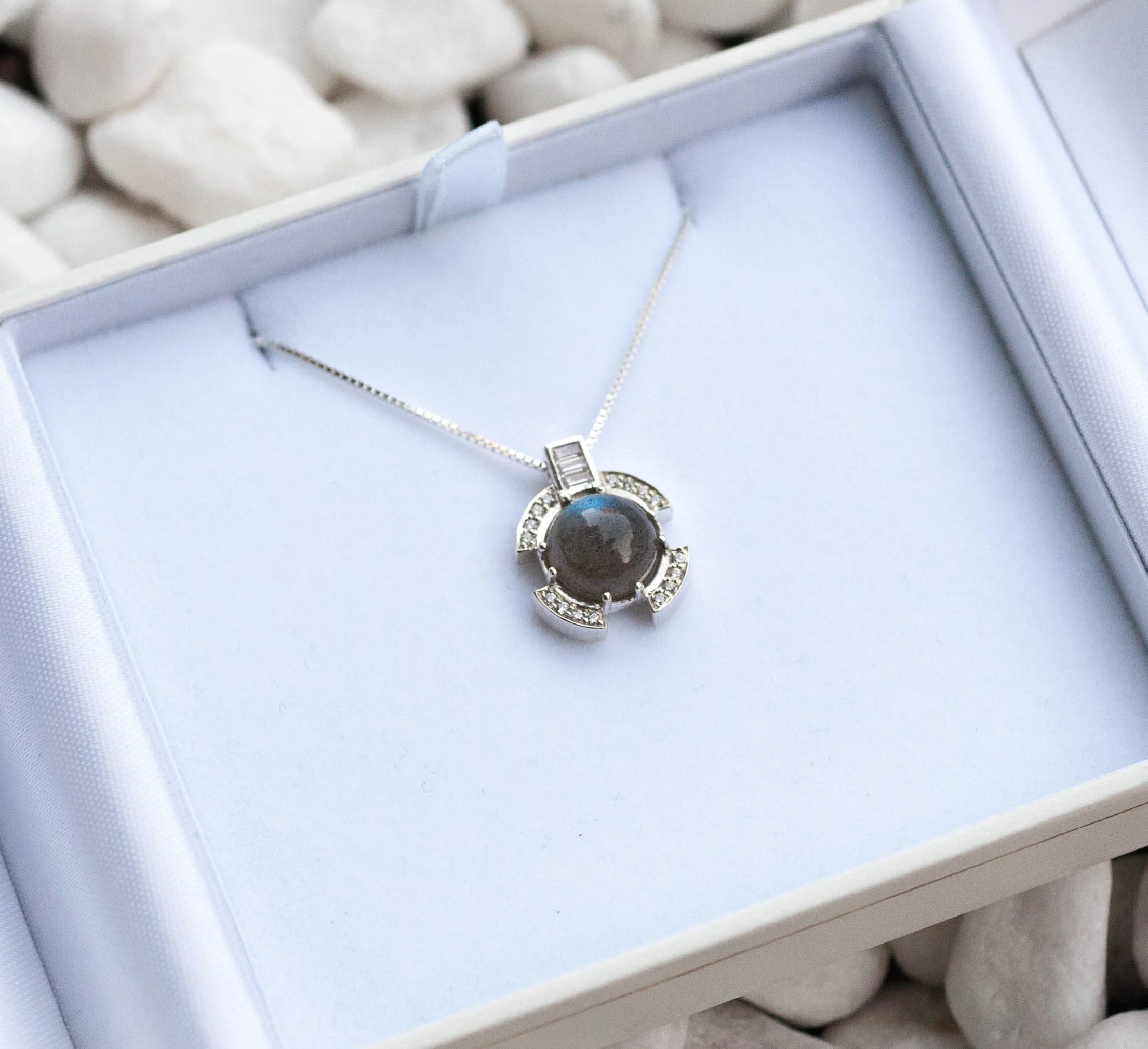 Labradorite Baguette and Round Diamond Pendant
