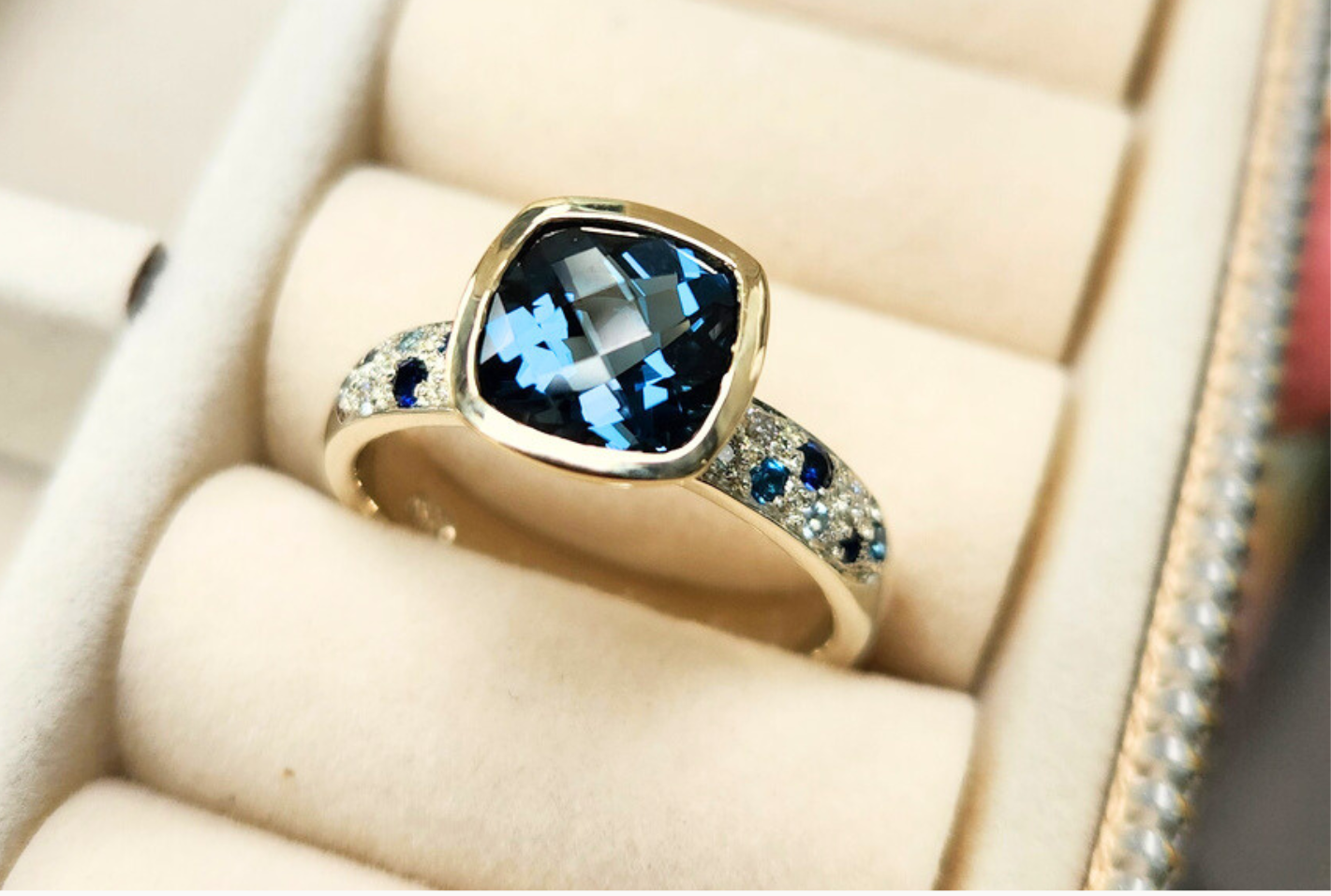 London Blue Topaz pave ring with Sapphire and diamond pave