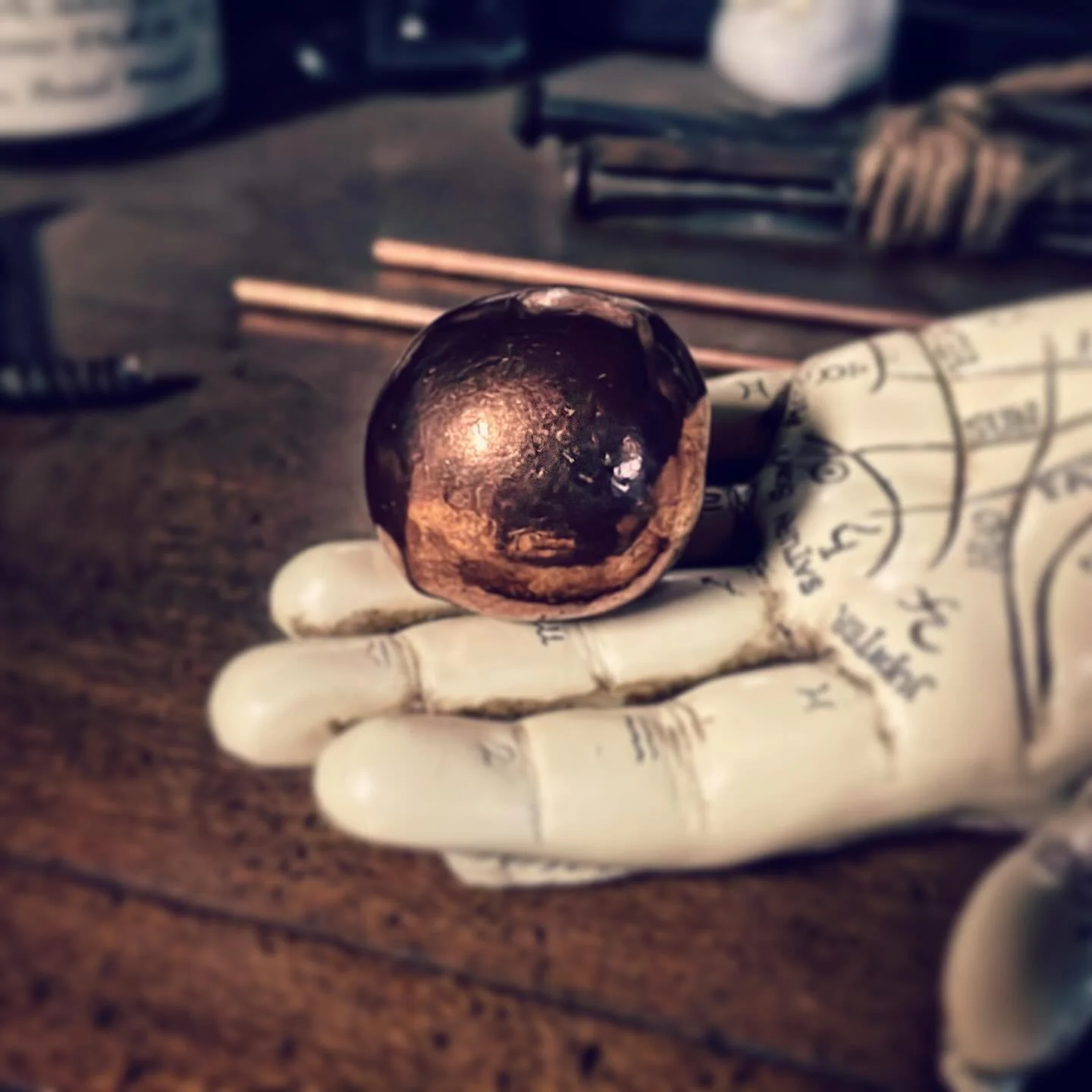 A copper ball with a backstory.
.
.
In 1943, a Milwaukee man by the name of Otto Kraatz, claimed to have created a working Perpetual Motion Machine. Kraatz and his wife were the owners of a small hardware store on the east side of the city. Otto, who
