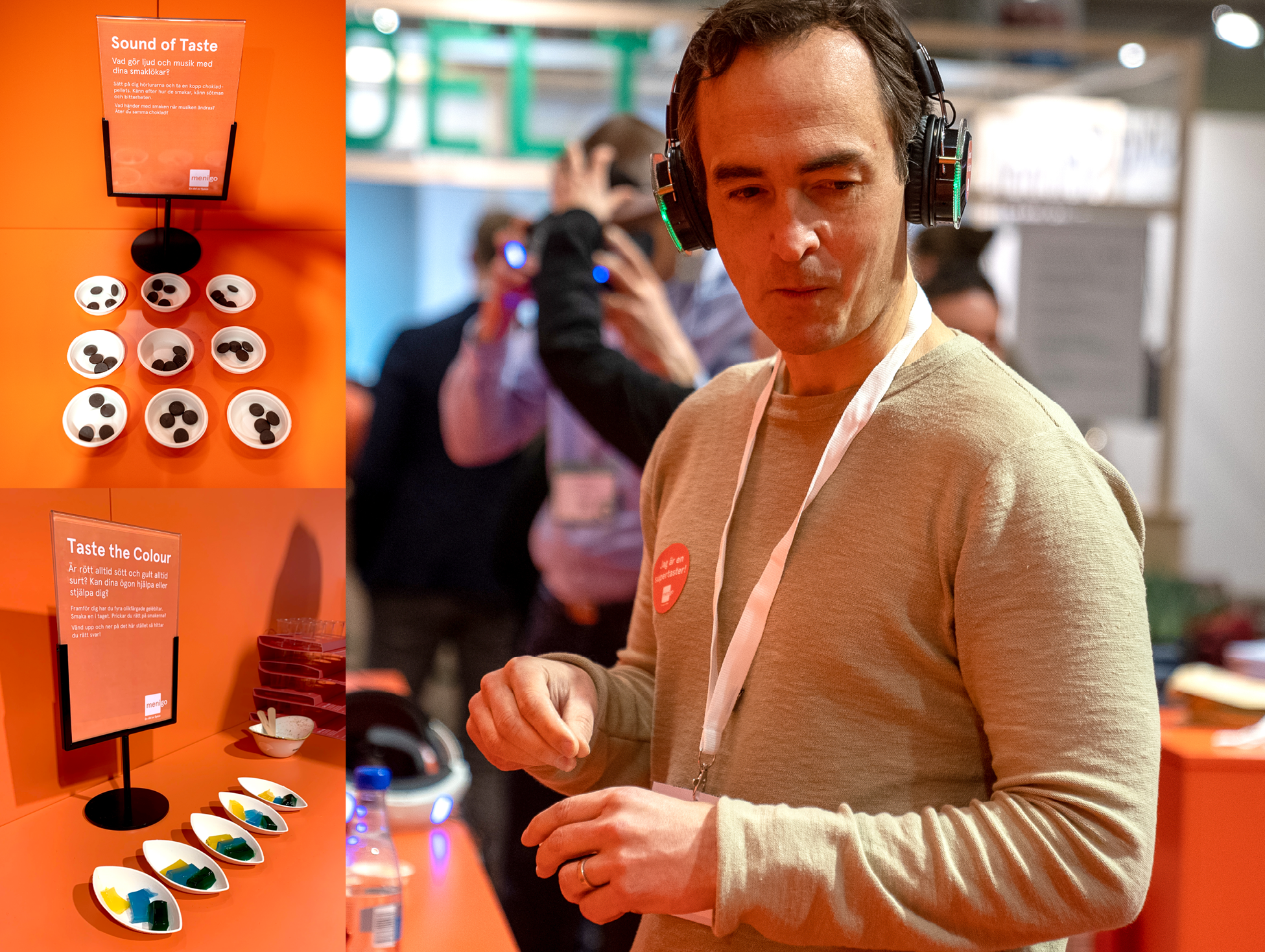  Genom att smaka choklad till två olika ljudspår kunde du uppleva hur smaken förändrades av ljudet. Du kunde även smaka färgad gelé för att se hur det påverkade förmågan att identifiera smaker. 