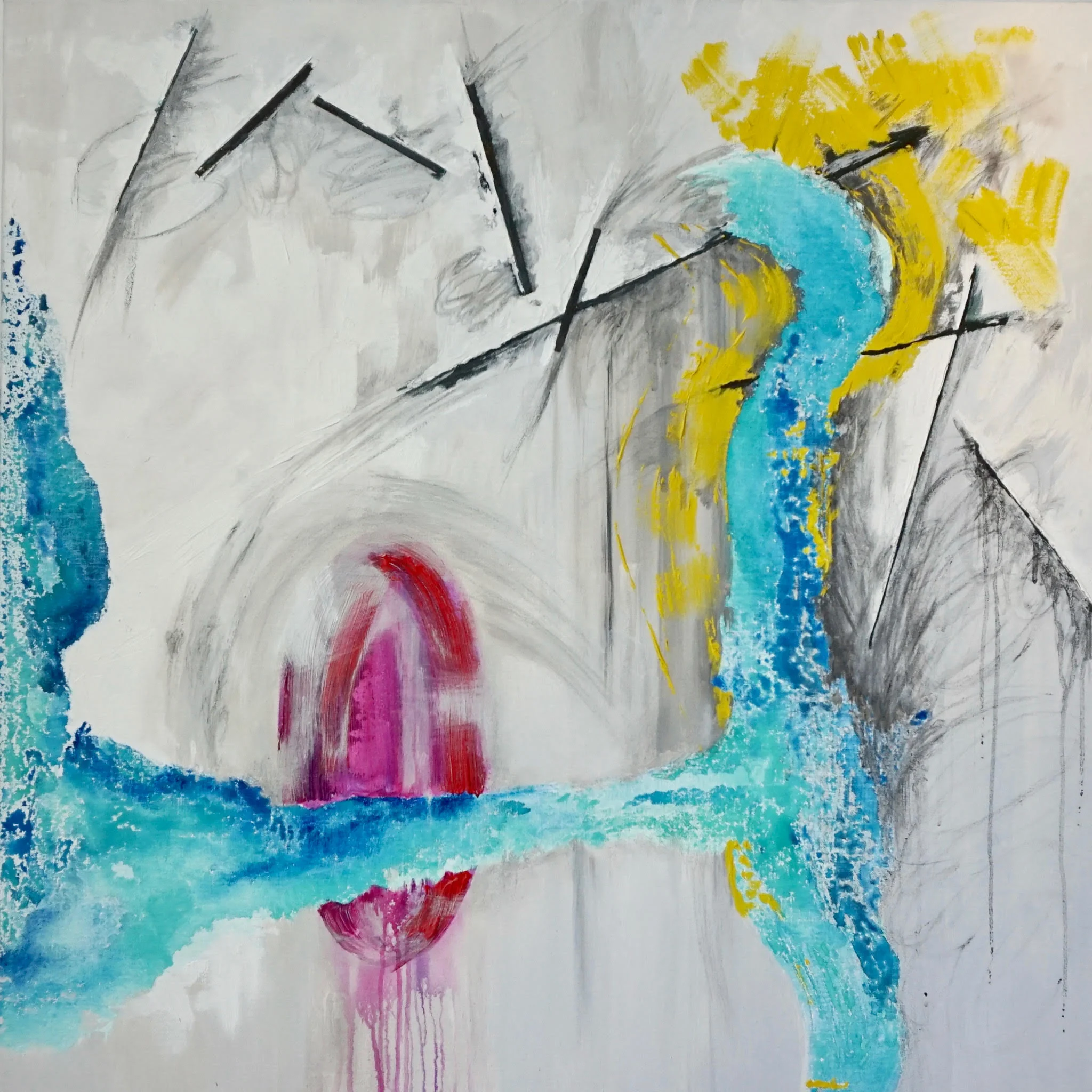 CENTRIPETAL. ACRYLIC AND LEATHER ON CANVAS. 40 X 40”. AVAILABLE.