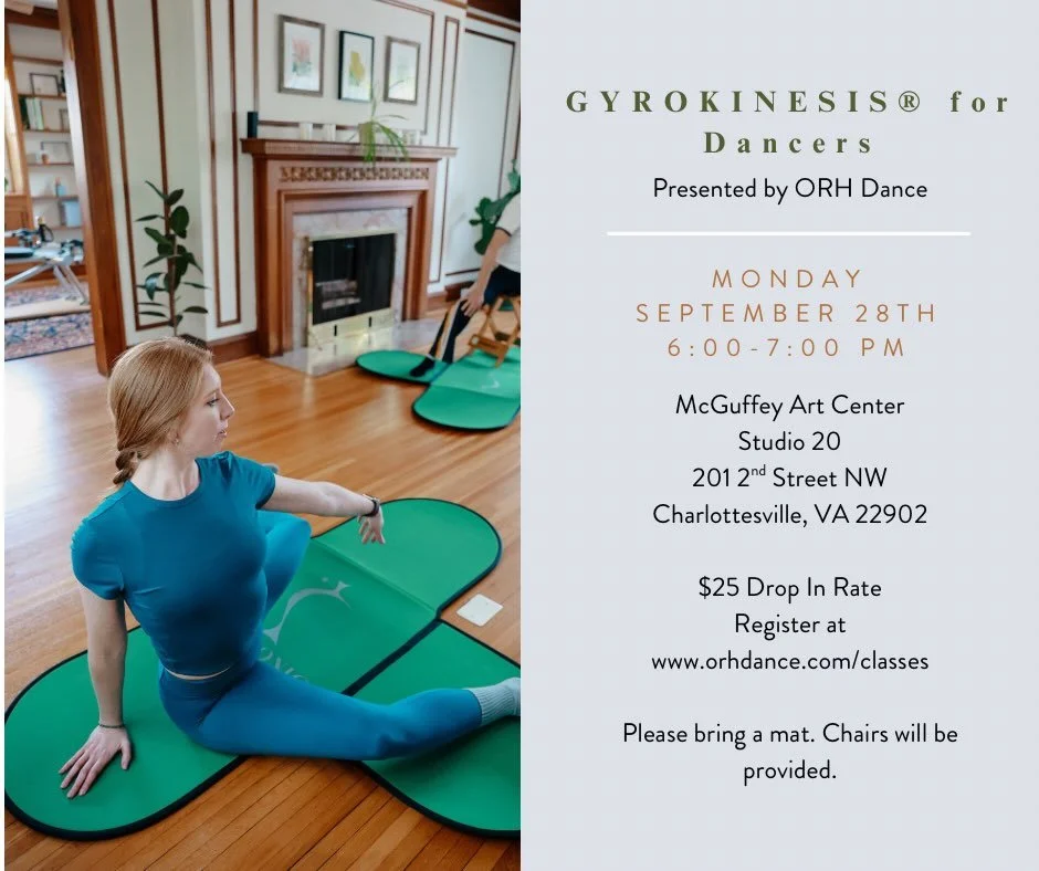 So excited to teach the first Gyrokinesis for Dancers class through ORH Dance Monday at 6pm at McGuffey Art Center!
&bull;
Visit www.orhdance.com/classes to register. Class is $25 and will last for one hour.
&bull;
Please bring a yoga mat. Chairs wil