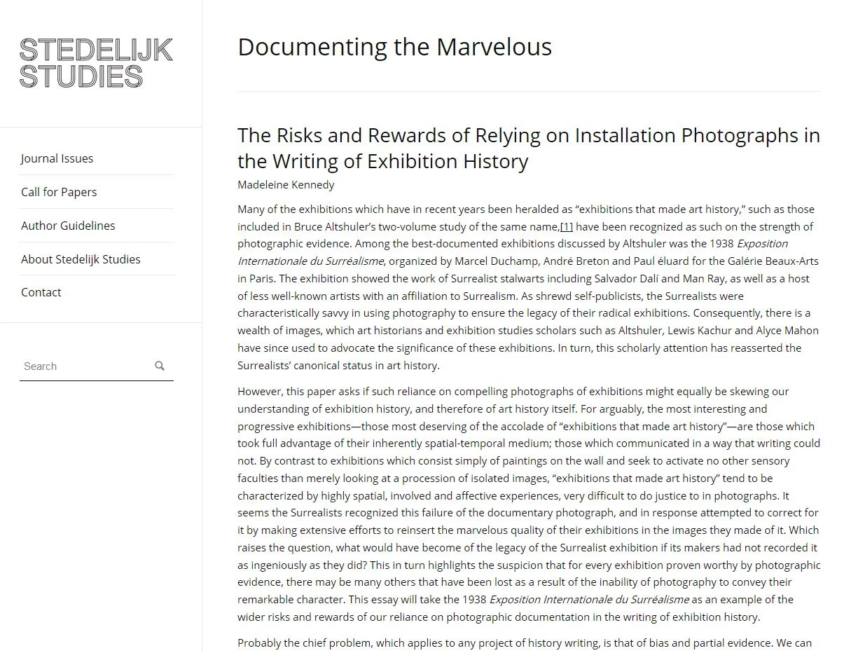  Image description: The headline of an online article in Stedelijk Studies that reads ‘Documenting the Marvelous: The Risks and Rewards of Relying on Installation Photographs in the Writing of Exhibition History’. 