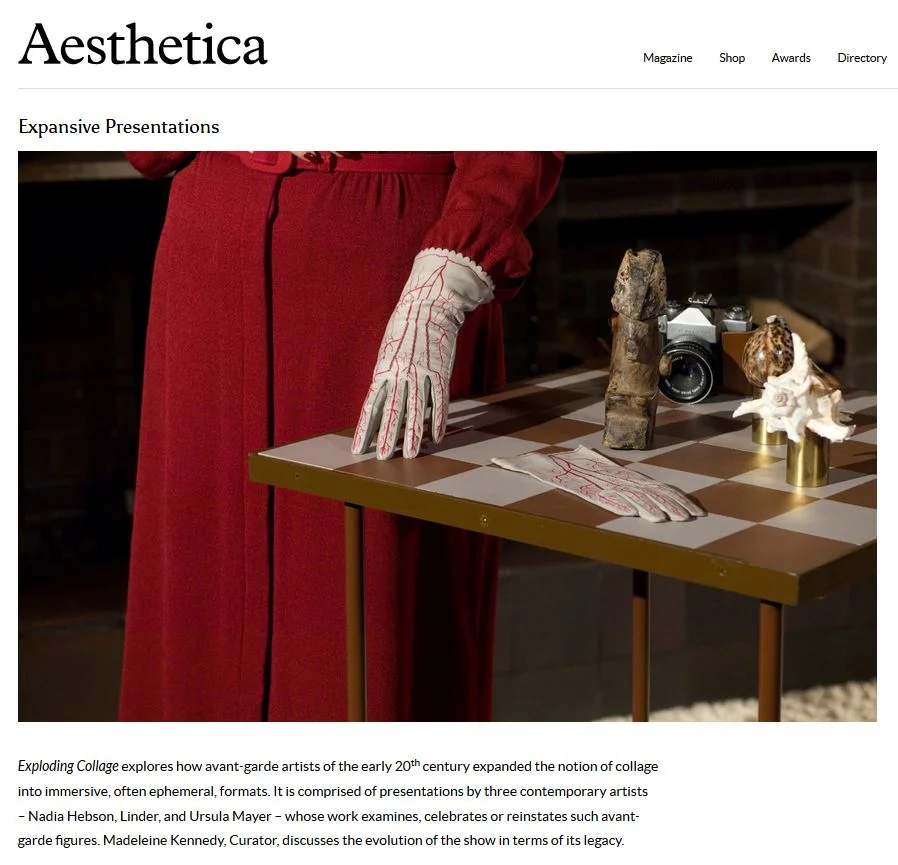  Image description: The headline and lead image of an article called ‘Expansive Presentations’ in Aesthetica magazine. The image show an unidentifiable woman in a red dress, wearing one glove that is embroidered with red thread in the shape of the ve