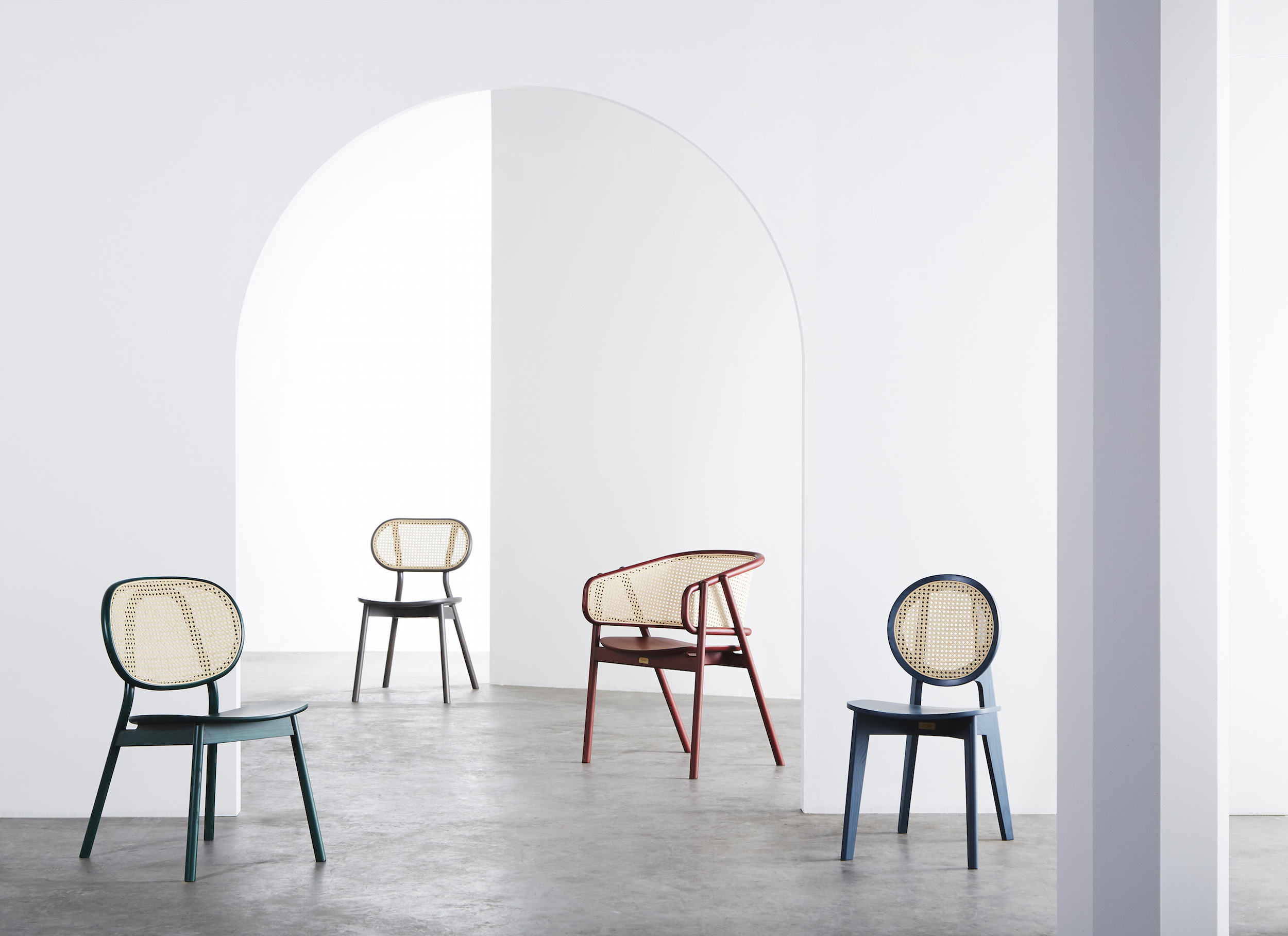  Cane Chair - 04  (Tropical Green) /  Cane Chair - 03  (Light Grey) /  Cane Armchair - 01  (Dark Red) /  Cane Chair - 02  (Ocean Blue) 