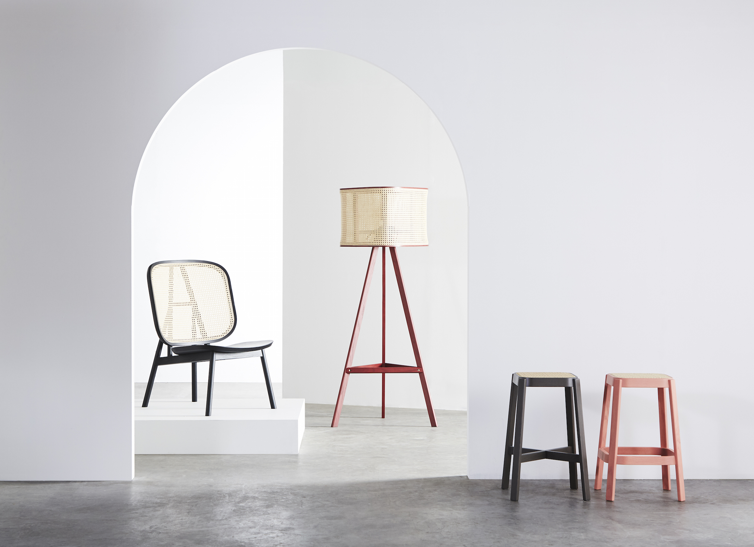  Cane Lounge Chair - 01  (Charcoal Black) /  Cane Lamp - 01  (Dark Red) /  Cane Stool  (Charcoal Black and Coral Pink) 