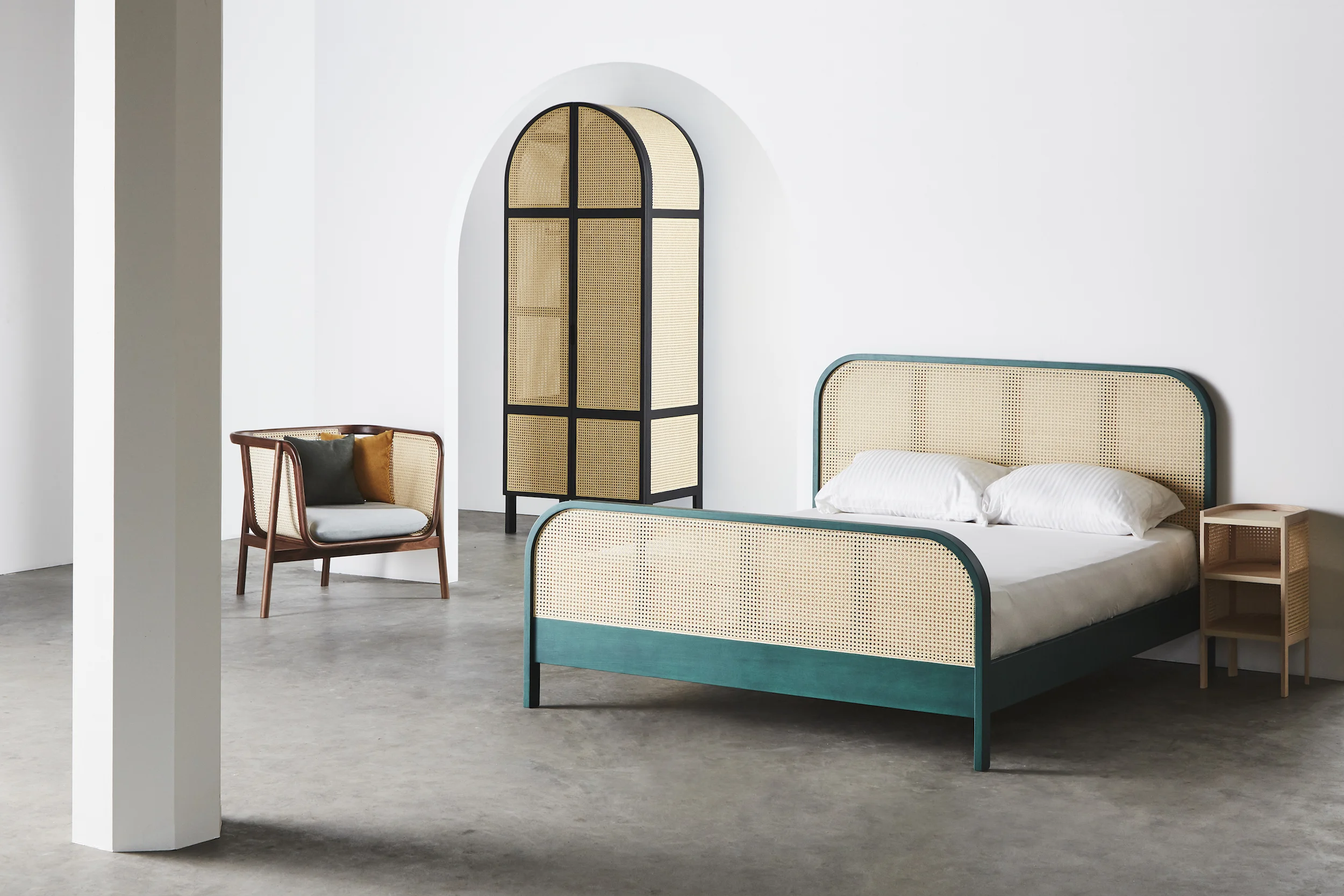 Cane Sofa - 02 One seat (Natural Walnut) / Cane Wardrobe - 02 (Charcoal Black) / Cane Bed - 01 Queen (Tropical Green) / Cane Night Table - 01 (Natural Ash)