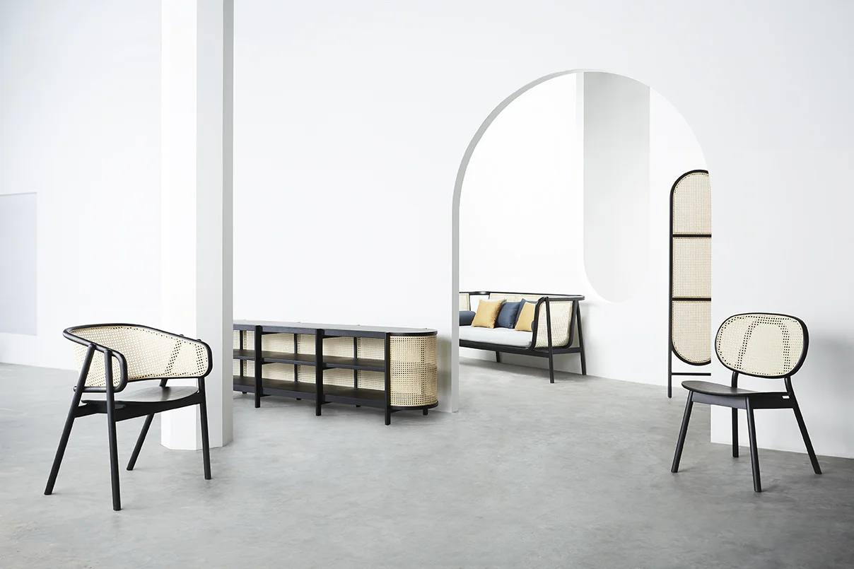 Cane Armchair - 01 (Charcoal Black) / Cane Low Cabinet - 01 (Charcoal Black) / Cane Sofa - 02 (Charcoal Black) / Cane Partition - 01 (Charcoal Black) / Cane Chair - 04 (Charcoal Black)