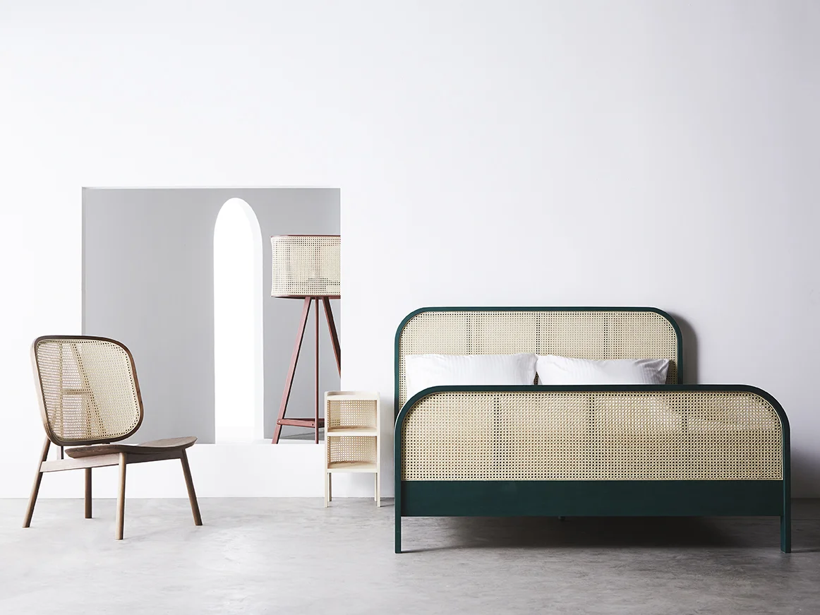 Cane Lounge Chair - 01 (Natural Walnut) / Cane Lamp - 01 (Dark Red) / Cane Night Table - 01 (Natural Ash) / Cane Bed - 01 Queen (Tropical Green)