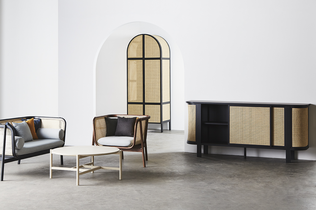 Cane Sofa - 02 (Charcoal Black) / Cane Sofa - 02 One seater (Natural Walnut) / Cane Center Table - 02 (Noce White #2) / Cane Wardrobe - 02 (Charcoal Black) / Cane Console - 01 (Charcoal Black)