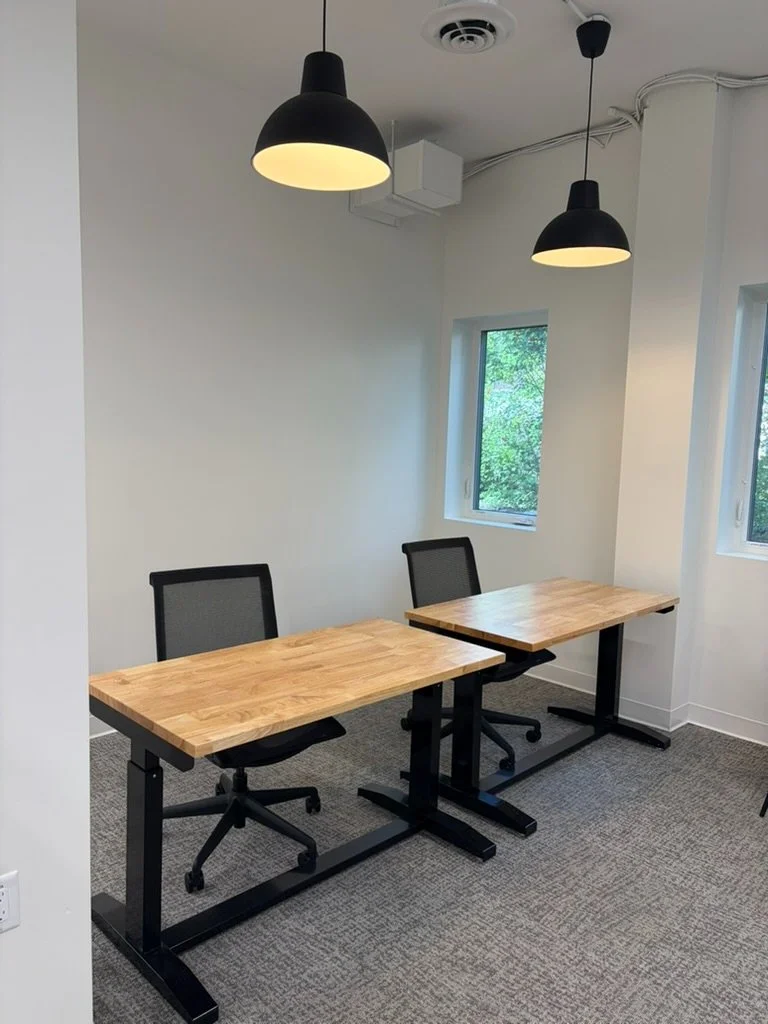 Flex desks below the windows