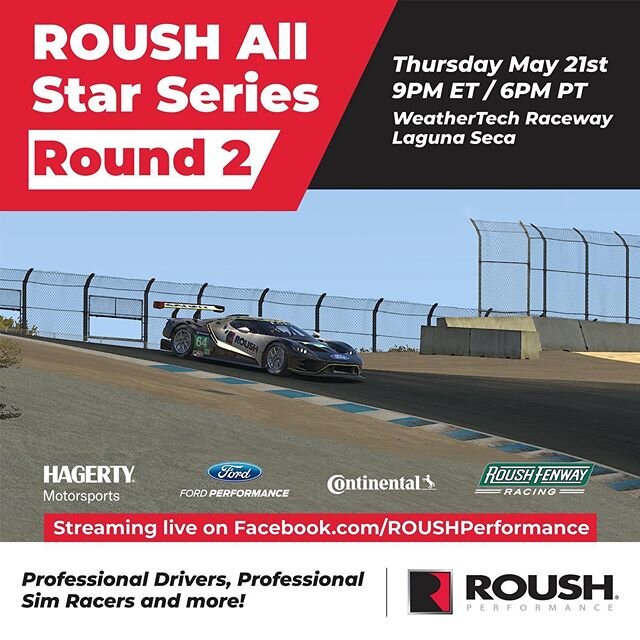 Be sure to tune in at 8 pm CST for round 2 of the @roushperformance All-Star event at laguna seca!