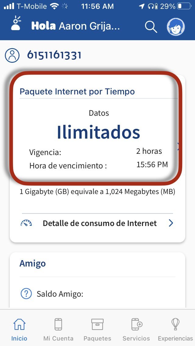 On the apps home page, it will say Paquete Internet por Tiempo during your two hour package time.