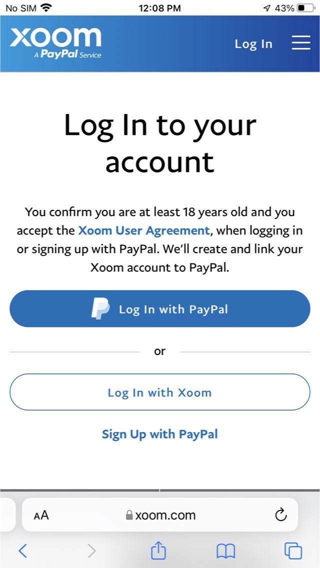 Sign up for a Xoom account using your Paypal account
