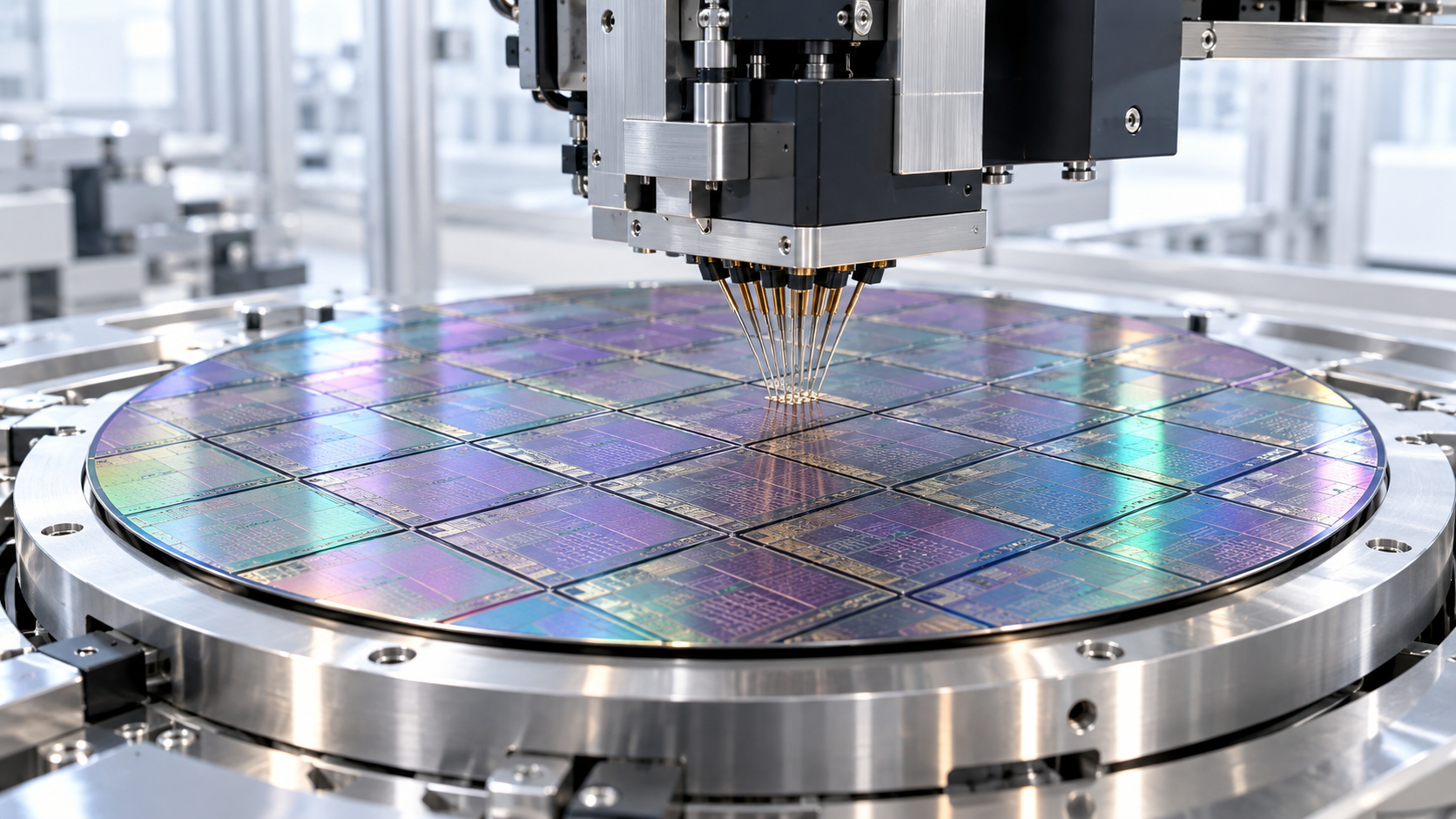 Waferprober in een lichte cleanroom: een probekaart met fijne naalden raakt één chip op een siliciumwafer die paars en groen glanst