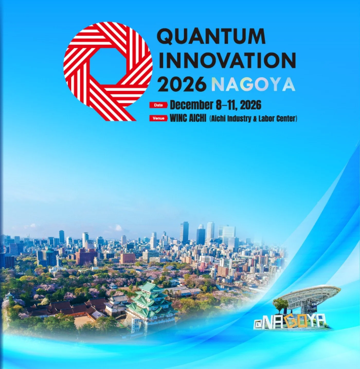Quantum Innovation 2026 Nagoya website header with the QIH logo, December 8 to 11, 2026, WINC AICHI, over the Nagoya skyline and Nagoya Castle