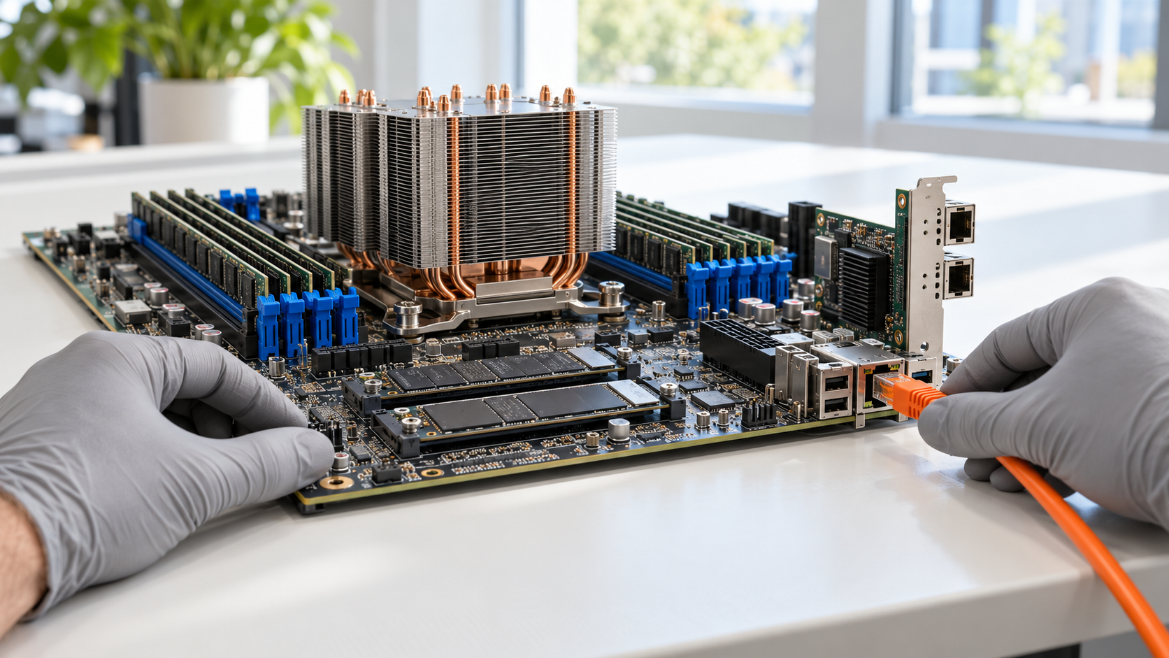 Geopend servermoederbord met koperen koelblok, geheugenmodules met kobaltblauwe klemmen en NVMe-schijven op een lichte werkbank; handen in grijze handschoenen steken een oranje netwerkkabel in