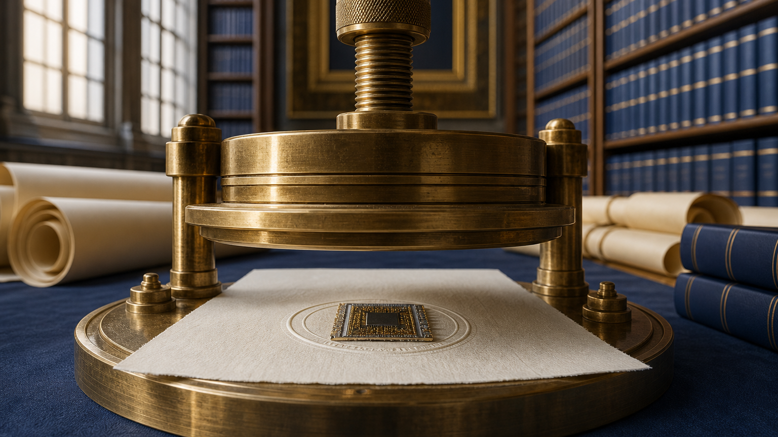 Circular brass document-seal press descending on a blank cotton sheet with a superconducting chip carrier centered inside the embossed seal ring, against shelves of cobalt-blue statute volumes and rolled parchment blueprints