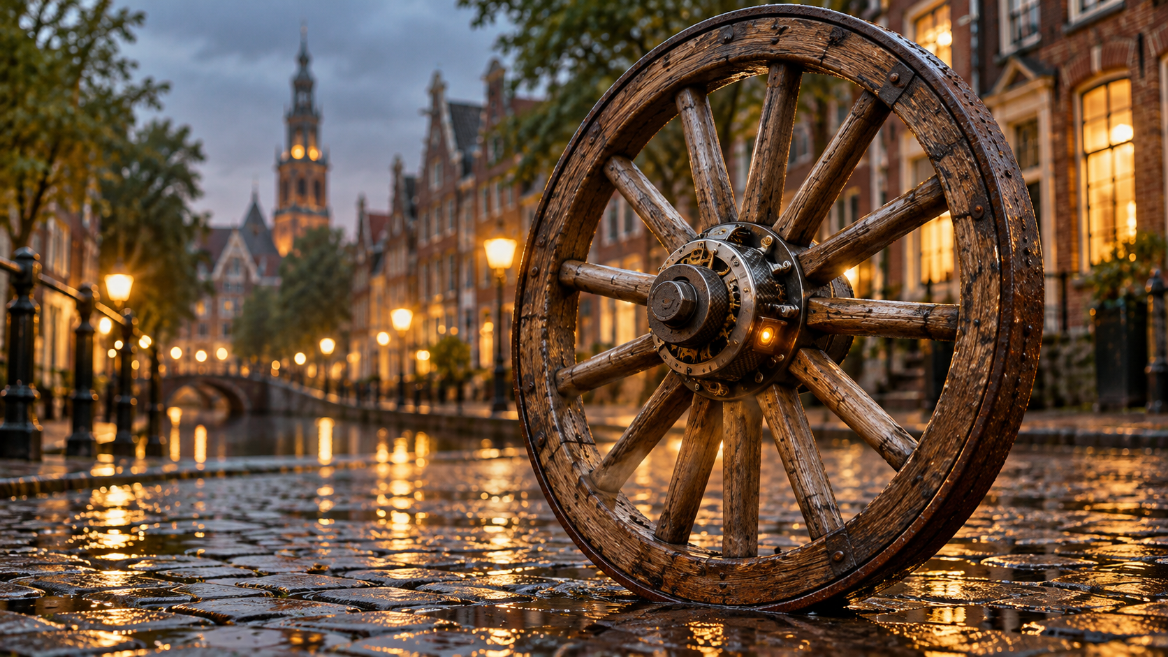 Antiek eikenhouten karrenwiel met ijzeren band op natte kinderkopjes langs een gracht in de schemering, met in de naaf een modern robotgewricht van koolstofvezel en tandwielen