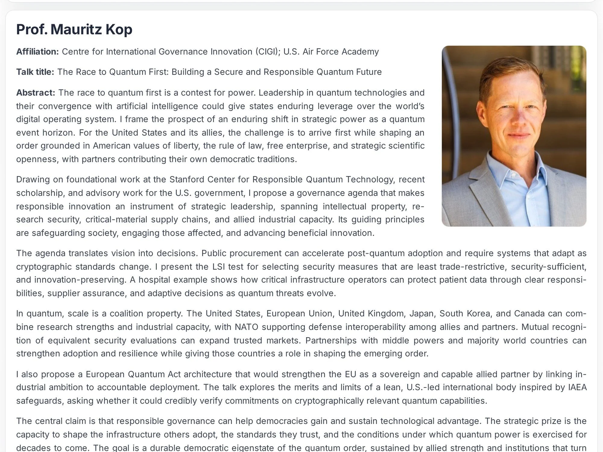 ACM PQQS 2026 invited speaker page for Prof. Mauritz Kop with his portrait, affiliation with CIGI and the U.S. Air Force Academy, the talk title The Race to Quantum First, and the abstract