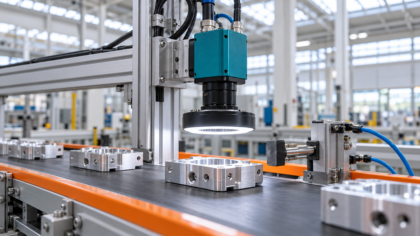 Industriële machine-vision-inspectiecamera met witte LED-ringlamp boven gefreesde aluminium onderdelen op een transportband in een lichte fabriekshal