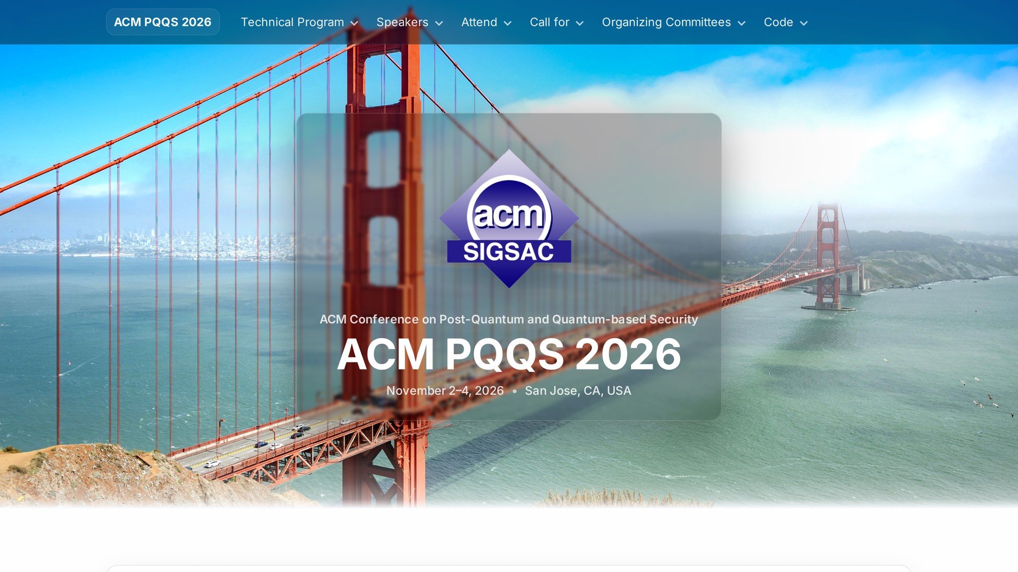 ACM PQQS 2026 website header with the ACM SIGSAC logo over the Golden Gate Bridge, November 2 to 4, 2026, San Jose, California