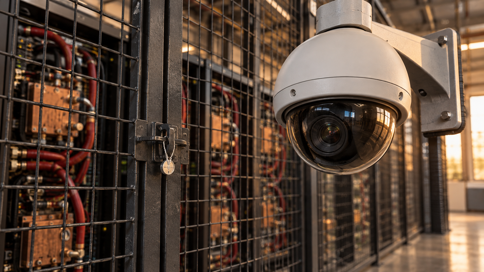 Ronde bewakingscamera aan een stalen beugel voor een gesloten gaaskooi met vloeistofgekoelde AI-servers, met een verzegelingsdraad door de grendel van de kooideur