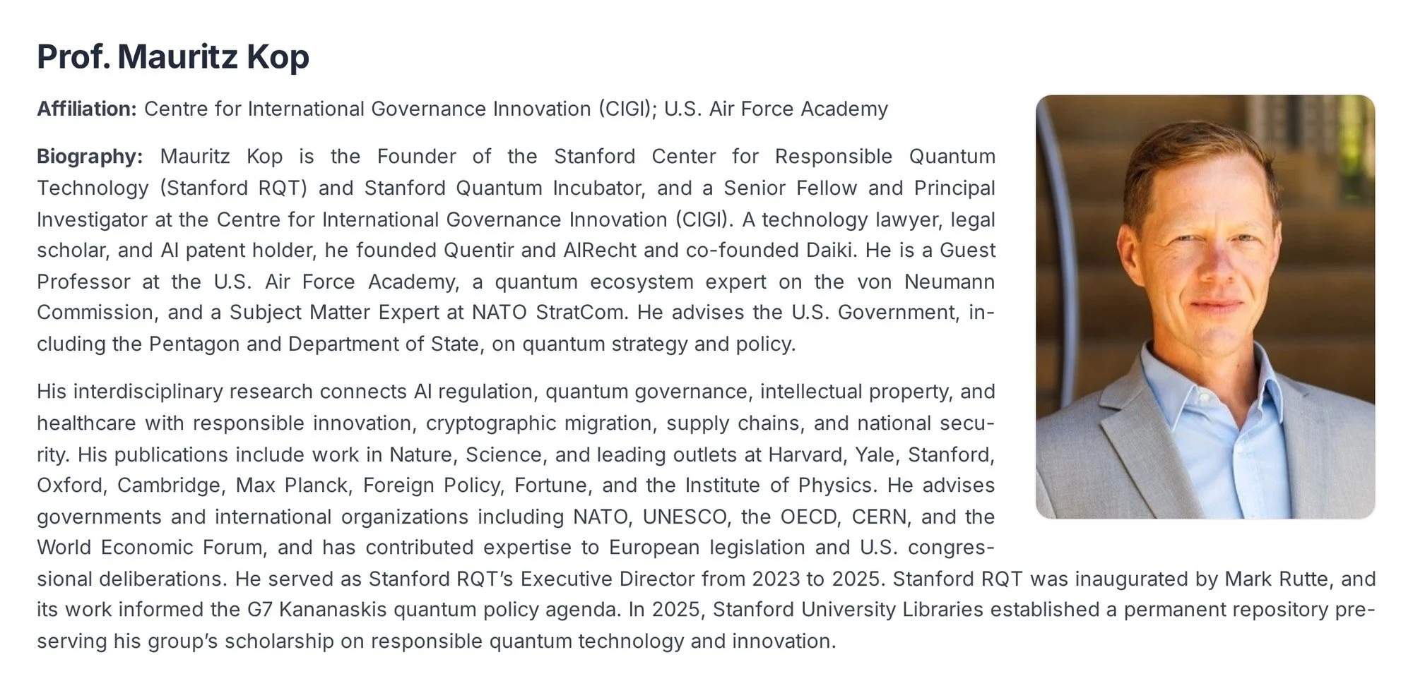 Prof. Mauritz Kop with his portrait, affiliations with CIGI and the U.S. Air Force Academy, and his biography