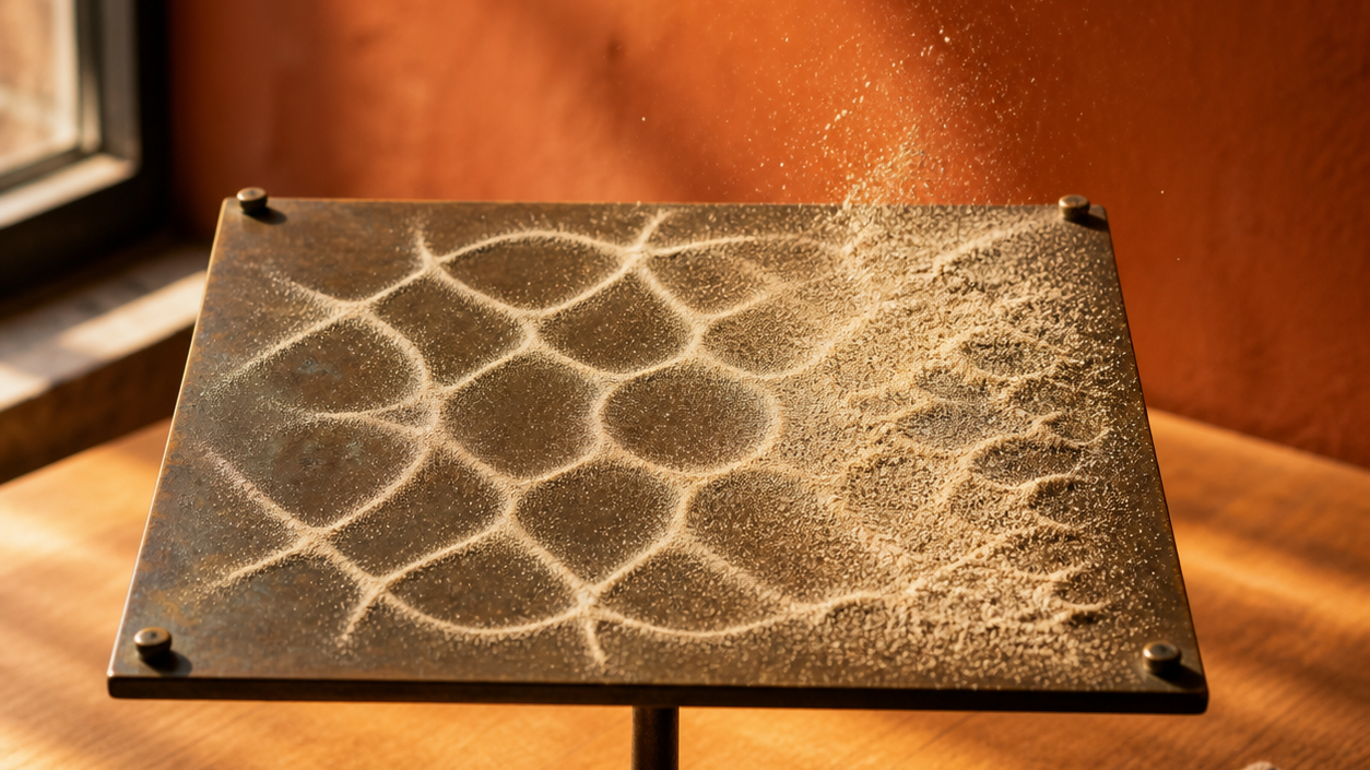 Vierkante geoxideerd-bronzen Chladni-plaat op een houten tafel voor een terracotta wand, waarop ivoorwit zand half een symmetrisch nodaal patroon heeft gevormd terwijl los zand rechts nog neerdaalt in warm daglicht