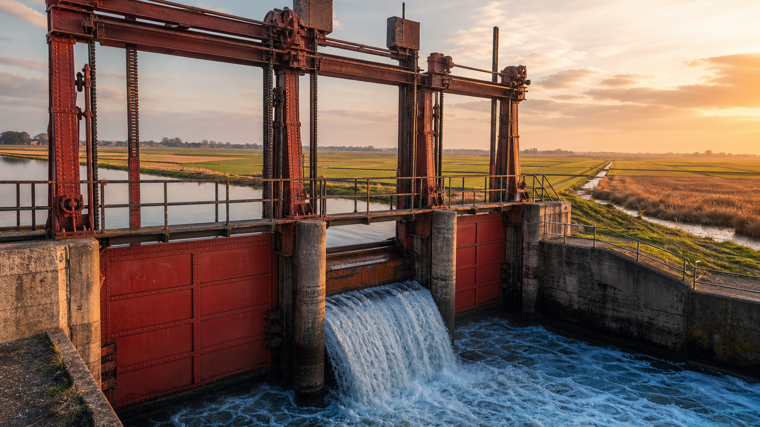 Vermiljoenrode stalen polderstuw met drie schuiven, tandheugels en contragewichten in avondlicht; door een half geheven schuif stort water in een schuimende geul, terwijl achter de stuw de opgemeten polder met rechte sloten en een ruige moeraszoom in de diepte verdwijnt