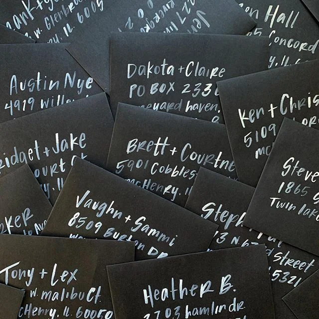 Sent some spooky invitations out last week, I&rsquo;ll never get sick of white brush lettering on black envelopes! 💀🖤