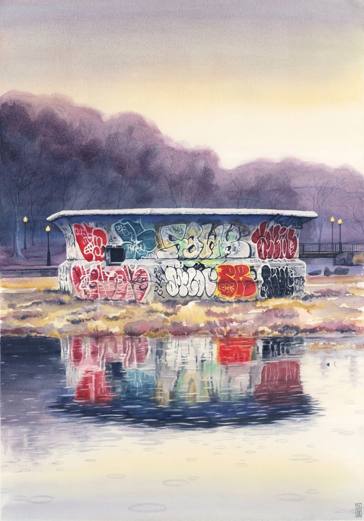 The Illuminated Fountain, watercolor painting by Canadian artist JC Little, the fountain at Parc La Fontaine in Montreal, covered in graffiti tags.